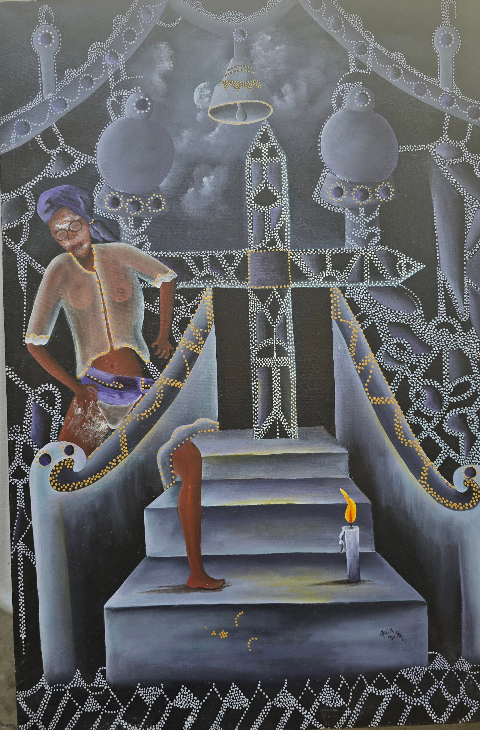 Woman on Altar Steps with Candle and Ritual Symbols: Charles Charluite (Haitian, 20th/21st century)Untitled (Woman on Altar Steps with Candle and Ritual Symbols)Signed lower right: Charles Charluite (with date, appears to be 2005 or similar)Striking and
