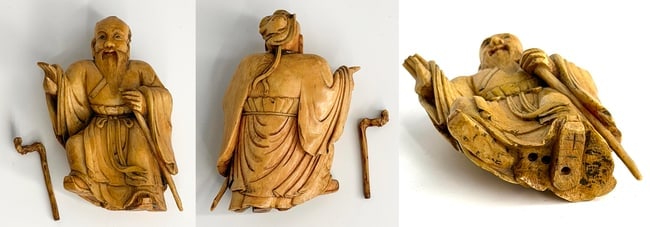 Vintage Japanese Carved Bone Okimono of Hotei – From the Estate of Anthropologist: : Vintage Japanese carved bone okimono figurine depicting Hotei (the Laughing Buddha / Budai), the beloved God of Happiness, Prosperity, and Good Fortune—one of the Seven Lucky Gods (Shichifukujin)