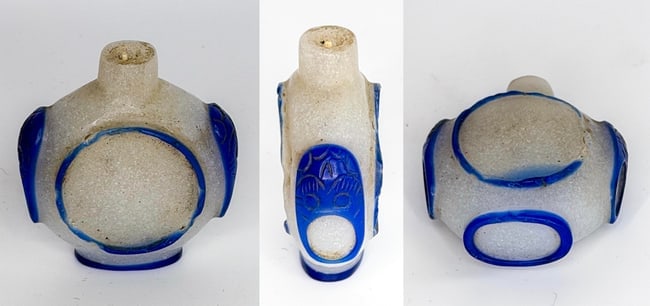 Chinese Blue Overlay Milky-White Glass Snuff Bottle Cornelius Osgood Collection: **Chinese Blue Overlay Milky-White Glass Snuff Bottle** **Qing Dynasty, 18th Century** **Dimensions: Approximately 2.25 x 0.75 inches** **From the Cornelius Osgood Collection** This striking antique
