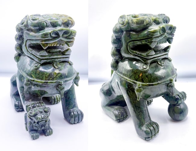 Chinese Carved Serpentine (or Nephrite-like Jade) Foo Lion Guardian Statue (1 of 2)
