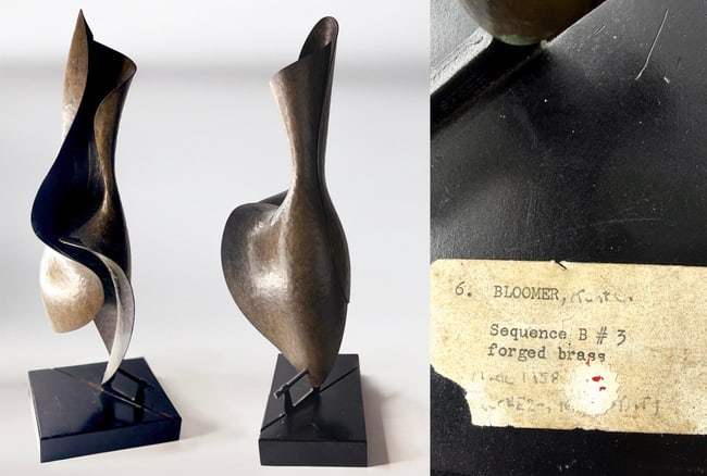 Kent Bloomer (American, b. 1935) Abstract Forged Brass Sculpture "Sequence B #3," 1960s, on Custom B: An elegant and expressive mid-century abstract forged brass sculpture by Kent Bloomer, titled "Sequence B #3" from his early "Sequence" series. The work rises in a graceful, spiraling torsion: two