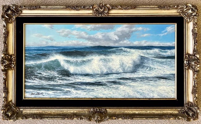 Open Sea by Rick Dalton: off Point Lobos, California is an original oil painting hand signed by one of the internationally famous marine artists of America, Rick Dalton. Executed in 1980, this painting has been in the