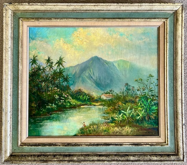 A Stream in Kaneohe Hawaii by Dee Kirby: A one of a kind oil painting on canvas features an idyllic meandering stream running from the Koalau Mountains to Kaneohe Bay (Oahu) kissing the shores of the sleepy village of Kaneohe. Signed by one