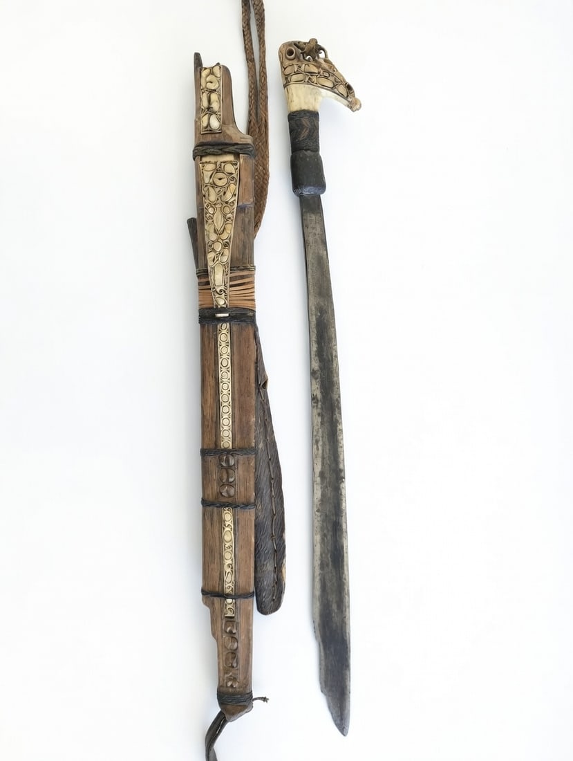 Exceptional Antique Dayak Mandau Headhunter Sword with Elaborately Carved Bone Hilt Depicting Mythic (1 of 1)