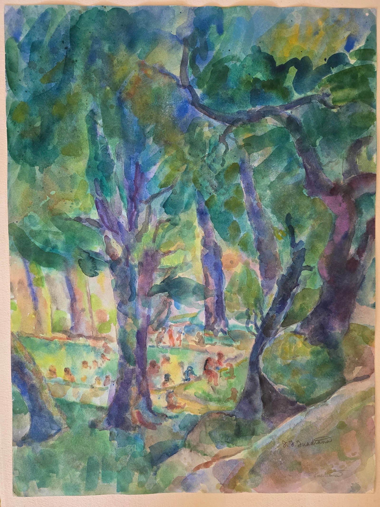 The Pool in the Park Shadows by José Guadiana: This luminous composition captures a sun-dappled park scene with tall, graceful trees whose deep blue and purple trunks rise dramatically against layers of vibrant green and golden foliage. In the
