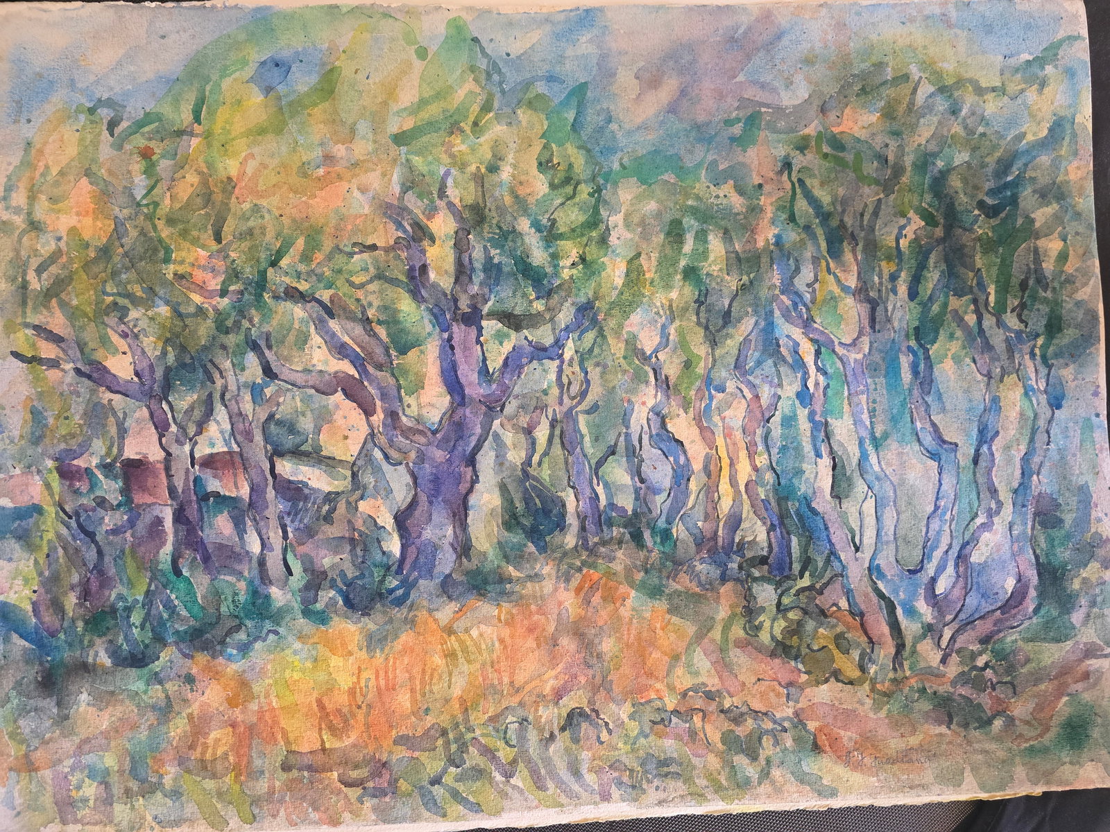 Lush Canopy by José Guadiana.: This energetic and immersive composition captures a dense, sun-filtered forest with twisting branches and layered foliage in rich greens, deep blues, purples, and warm earth tones. The dynamic