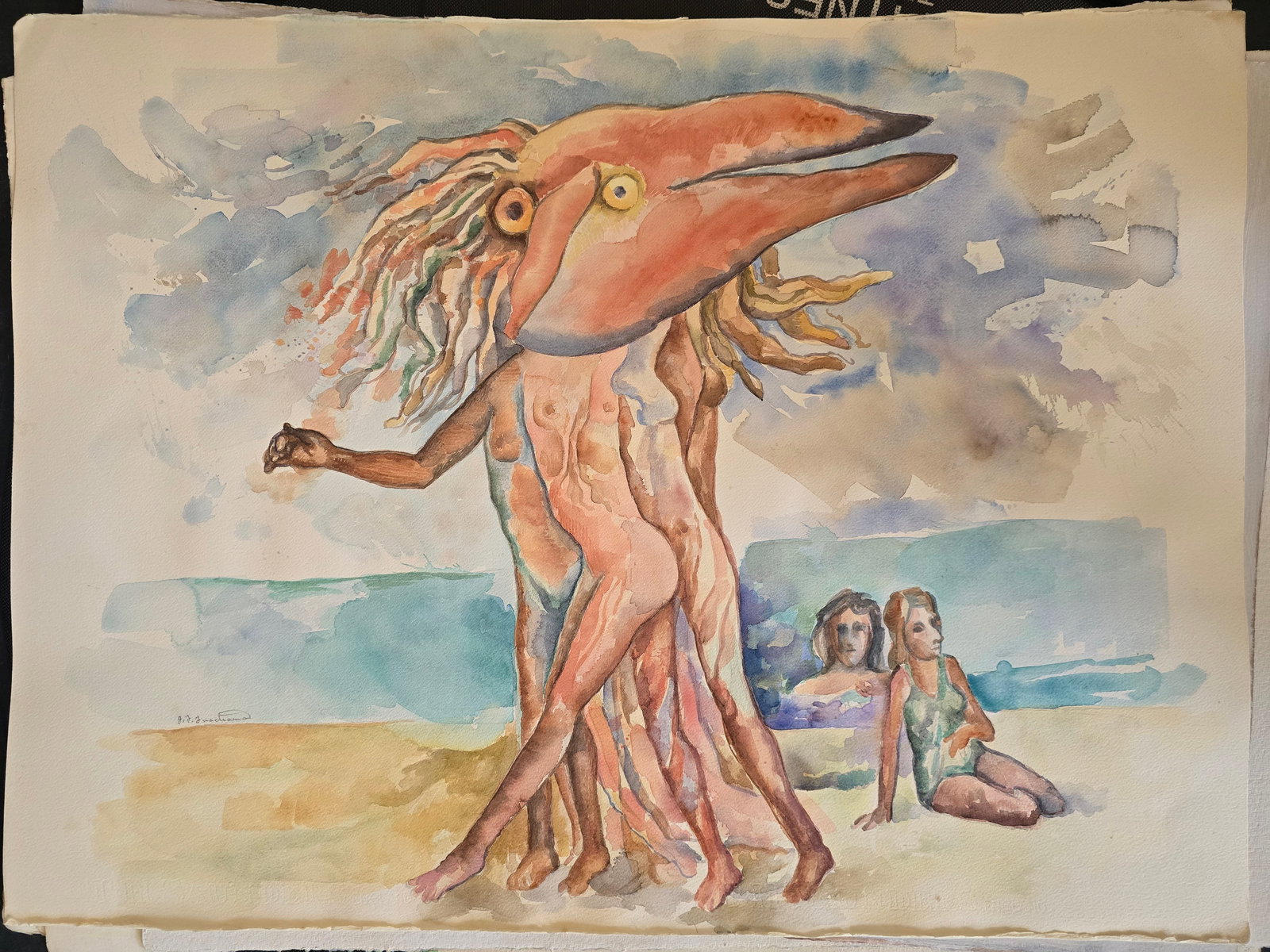 Surreal Figure by José Guadiana.: An original watercolor painted in 1981 by the renowned Texas artist José Guadiana, executed on heavy, expensive watercolor paper.This striking surreal composition is dominated by a monumental