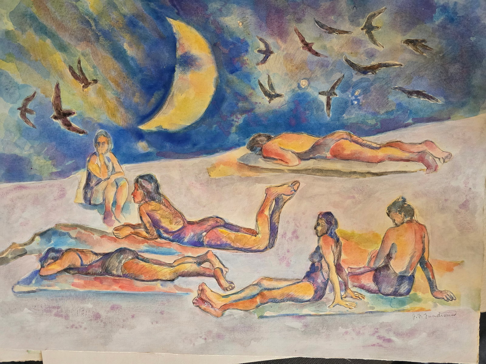 Nocturne with Crescent Moon: An original large-scale watercolor by the renowned Texas artist José Guadiana, executed on heavy, expensive watercolor paper.This luminous nocturnal scene depicts reclining and seated figures