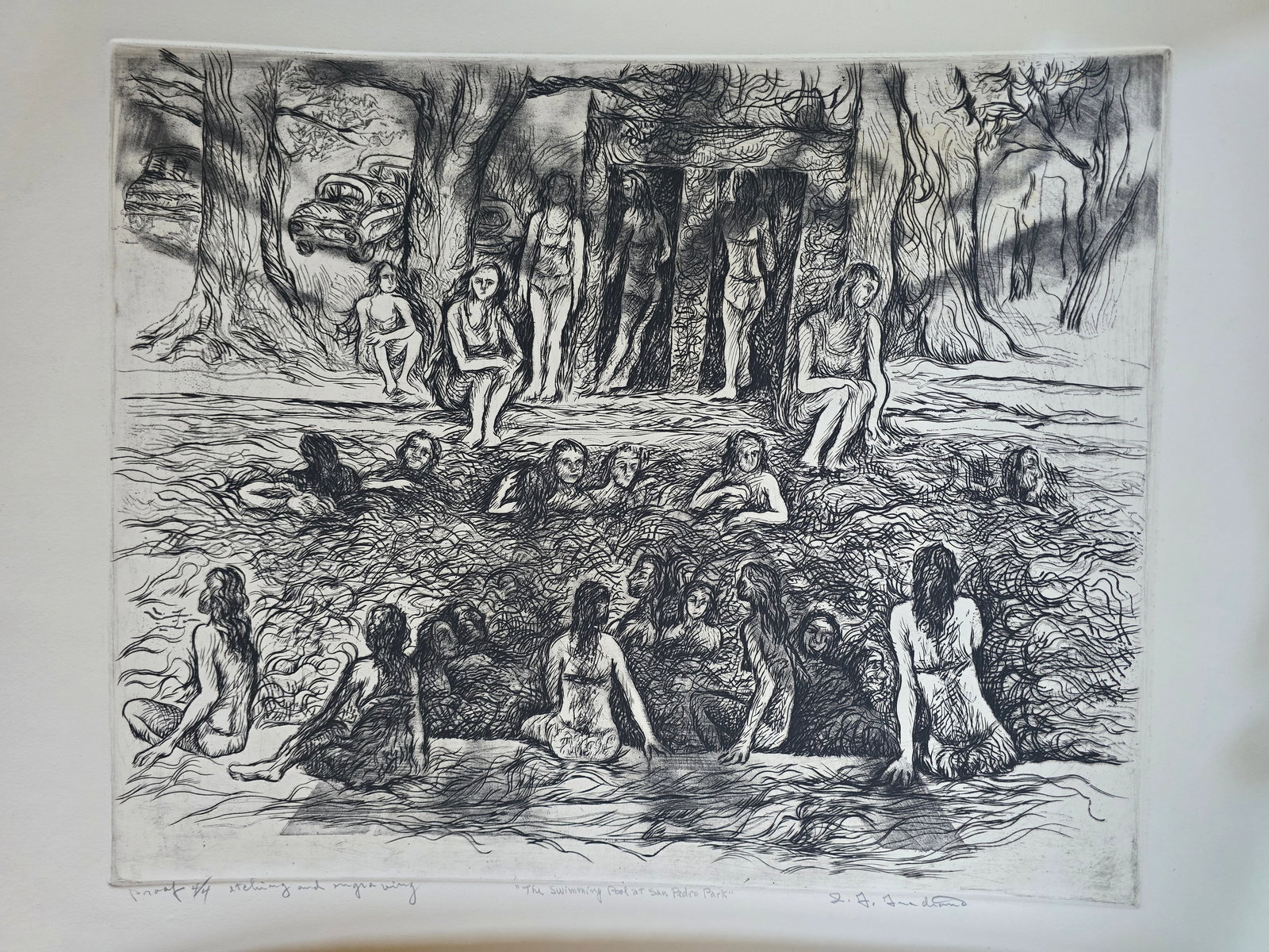“The Swimming Pool at San Pedro Park”: Mixed Etching with Aquatint and DrypointAn important and finely executed original etching by the renowned Texas artist José Guadiana. This large, complex composition depicts the bustling swimming poo