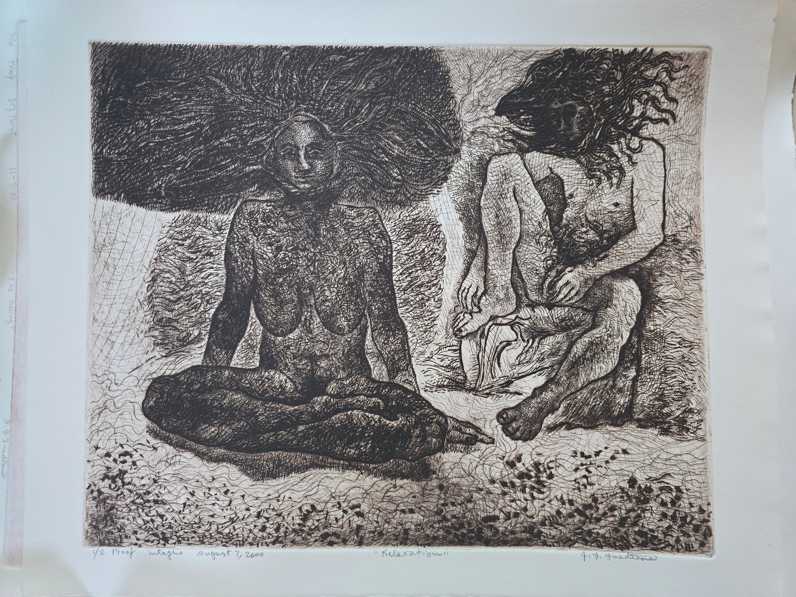 Relaxation: An original intaglio etching by the renowned Texas artist José Guadiana, dated August 7, 2000.This serene composition depicts two nude figures in a moment of quiet repose — one seated cross-legged