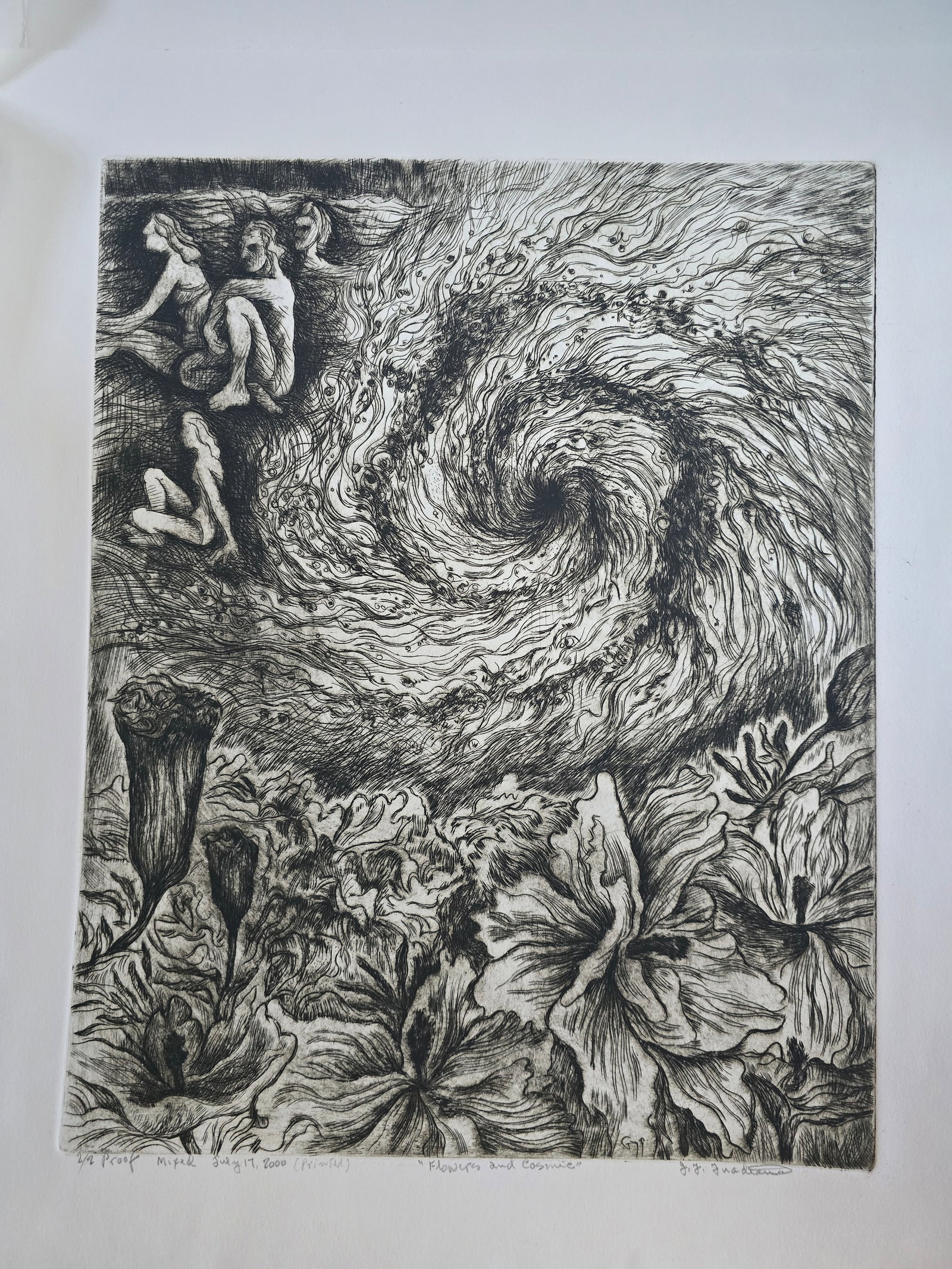 Relaxation: An original intaglio etching by the renowned Texas artist José Guadiana, dated August 7, 2000.This serene composition depicts two nude figures in a moment of quiet repose — one seated cross-legged