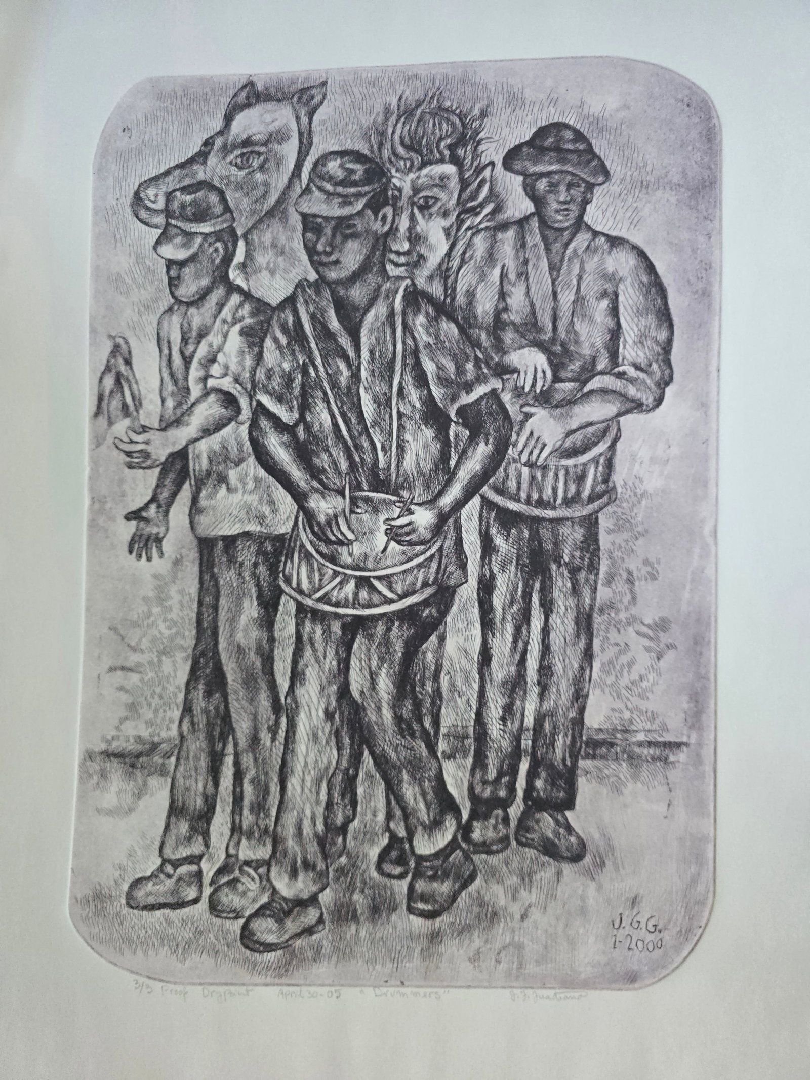 Relaxation: An original drypoint etching by the renowned Texas artist José Guadiana, dated April 30, 2005.This lively composition features a group of musicians and masked figures in motion — a central young dr