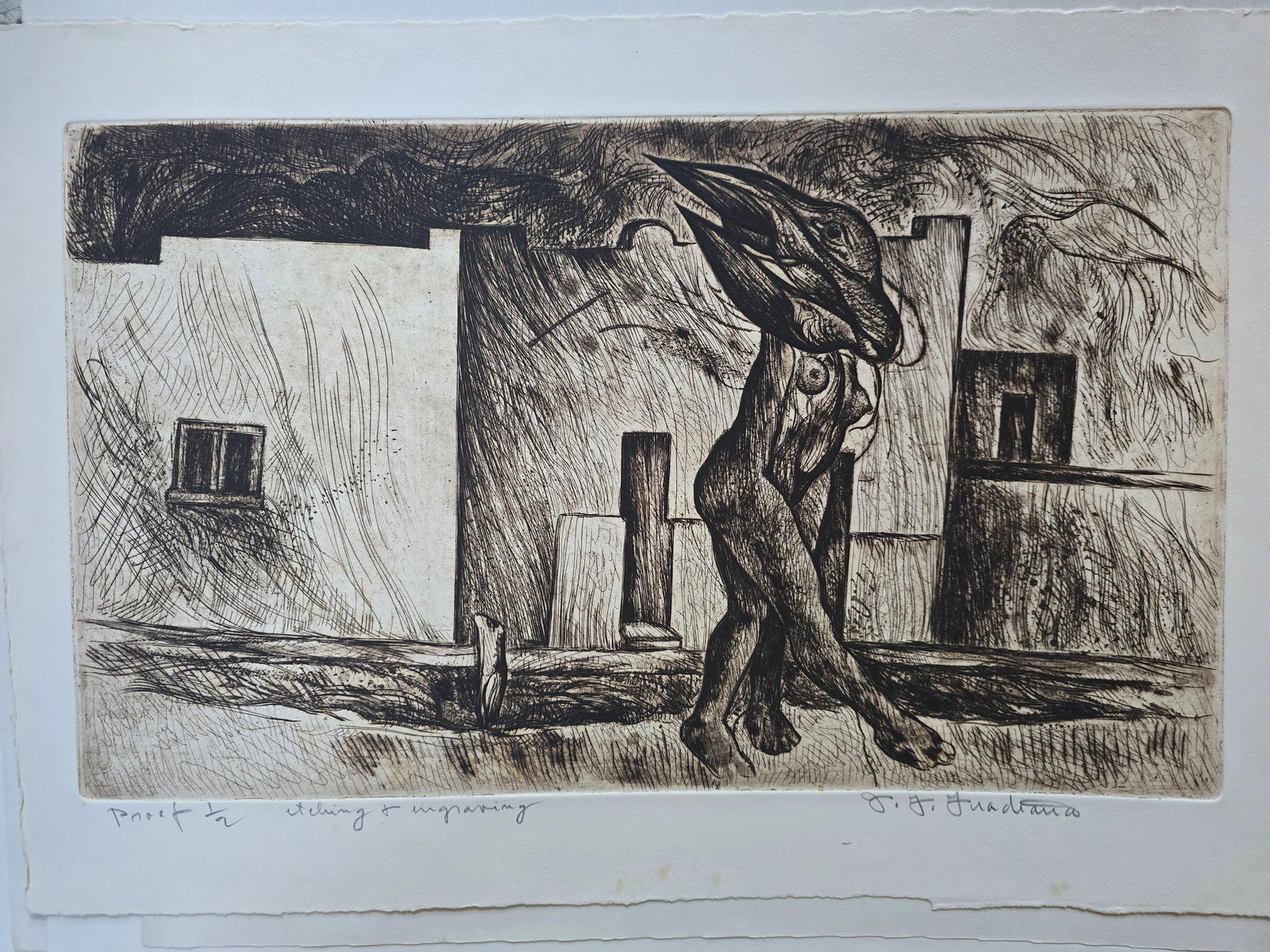 Surreal Figure in Landscape: An original etching with engraving by the renowned Texas artist José Guadiana.This striking surreal composition depicts a monumental hybrid figure with a large, dramatic bird-like head and expressive