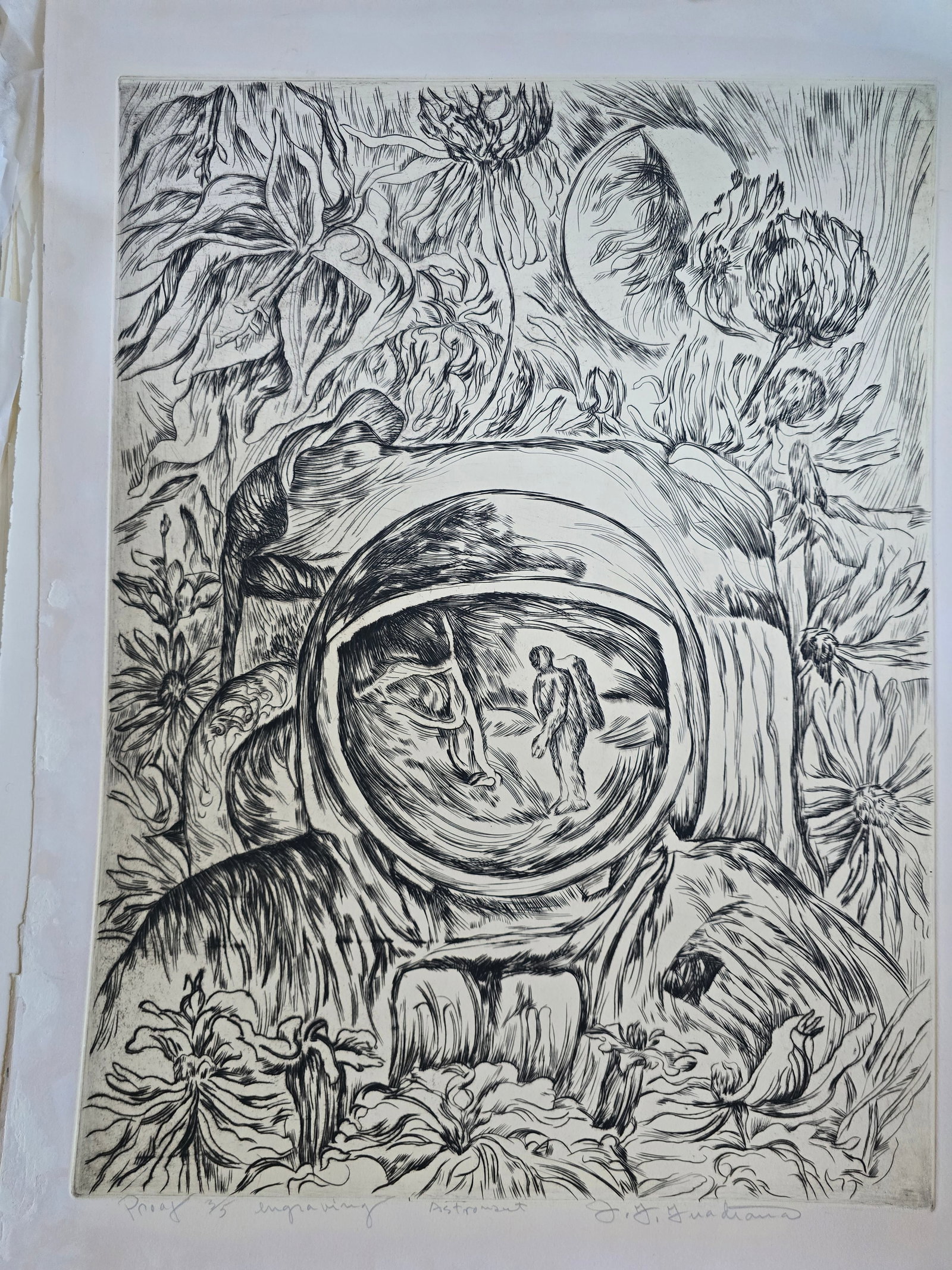 Astronaut – Engraving: An original engraving by the renowned Texas artist José Guadiana.This remarkable surreal composition centers on a large astronaut helmet that serves as a portal, revealing a small figure walking on a