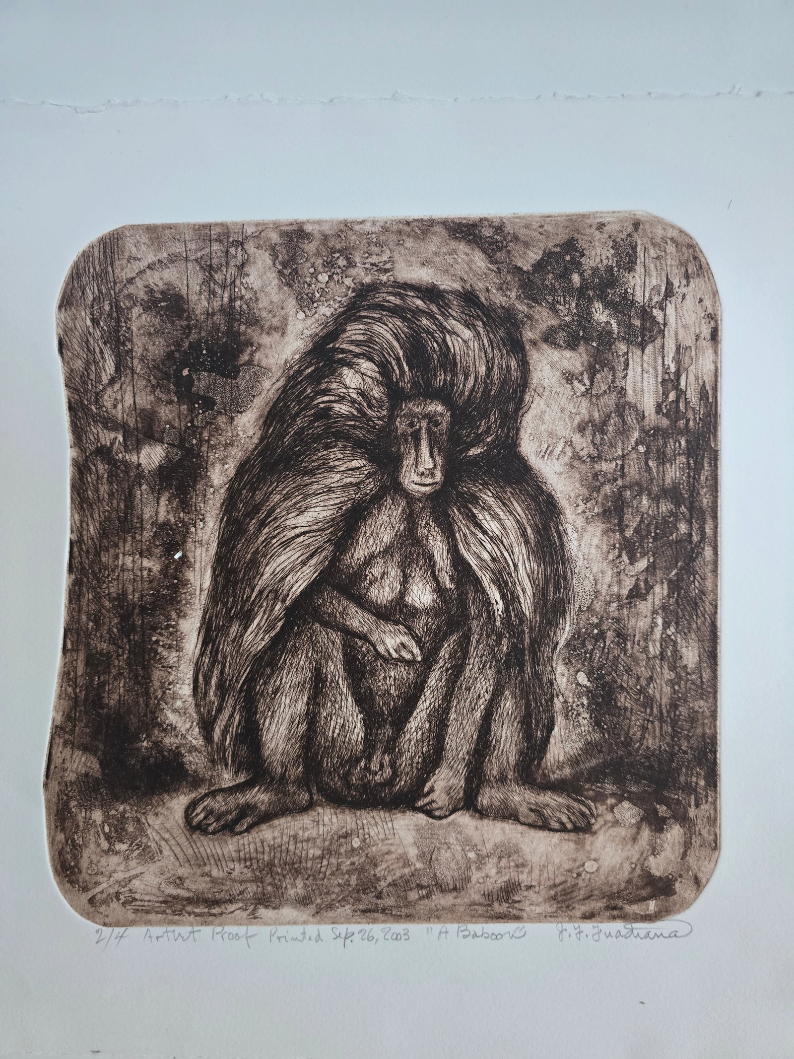 A Baboon – Etching, 2003: An original etching by the renowned Texas artist José Guadiana, printed September 26, 2003.This striking portrait captures a majestic baboon seated with a commanding presence, its thick mane rendered