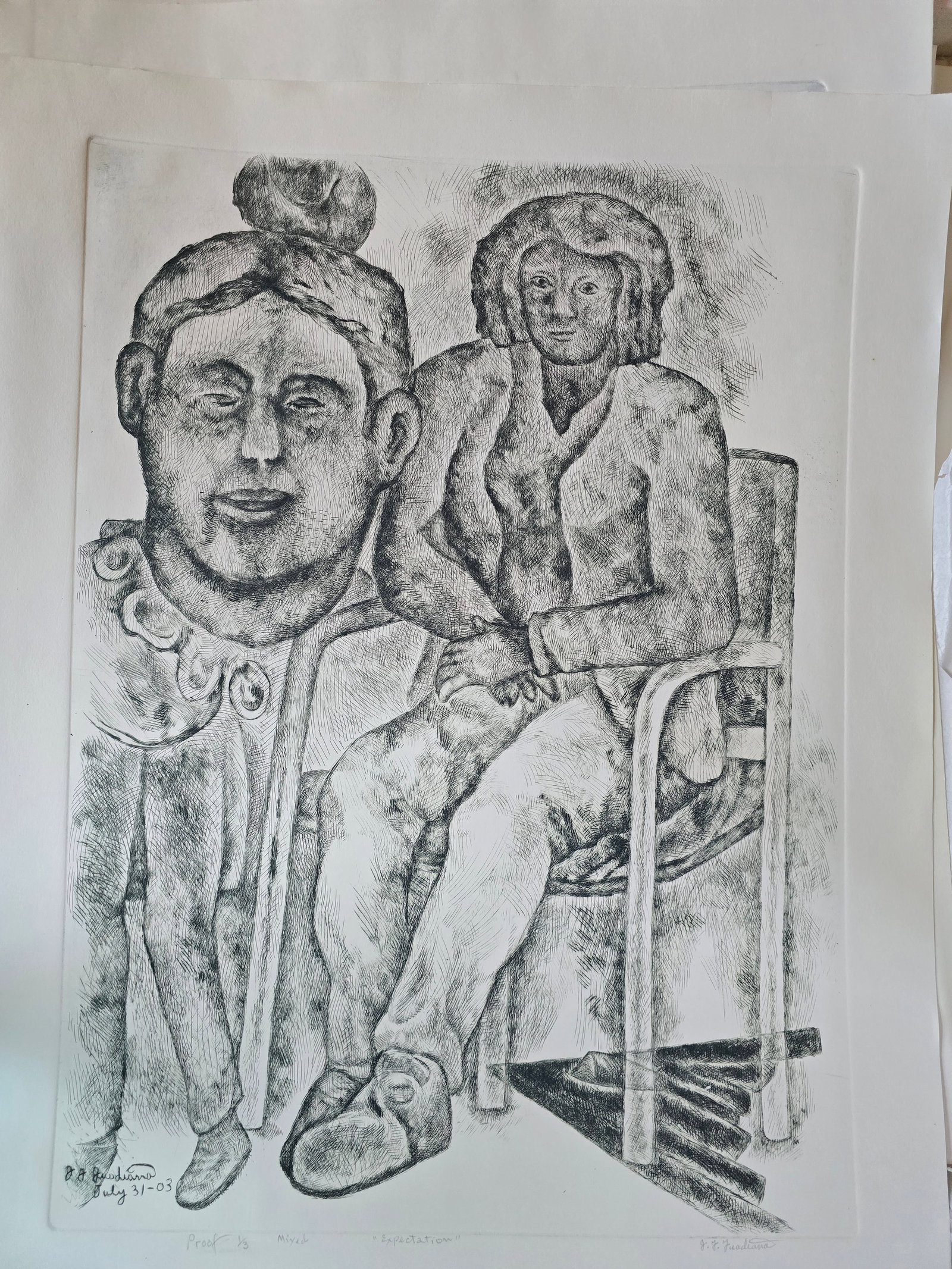 Expectation – Mixed Etching, 2003: An original mixed etching by the renowned Texas artist José Guadiana, dated July 31, 2003.This intimate composition portrays two figures seated together — a man with a distinctive topknot and ruffl