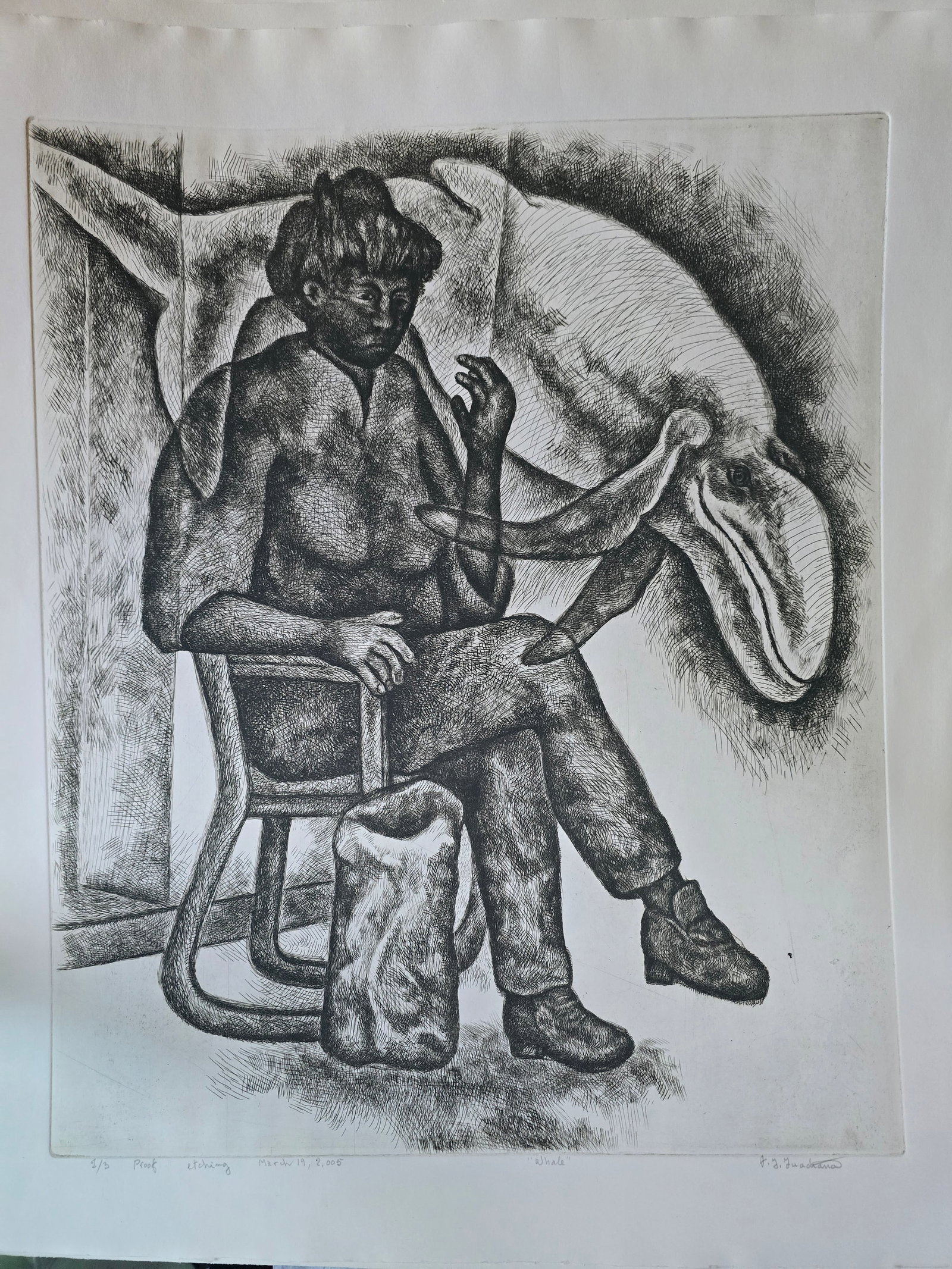 Whale– Etching, 2005: An original etching by the renowned Texas artist José Guadiana, dated March 19, 2005.This imaginative composition depicts a seated figure with a topknot, calmly interacting with a large, friendly wha