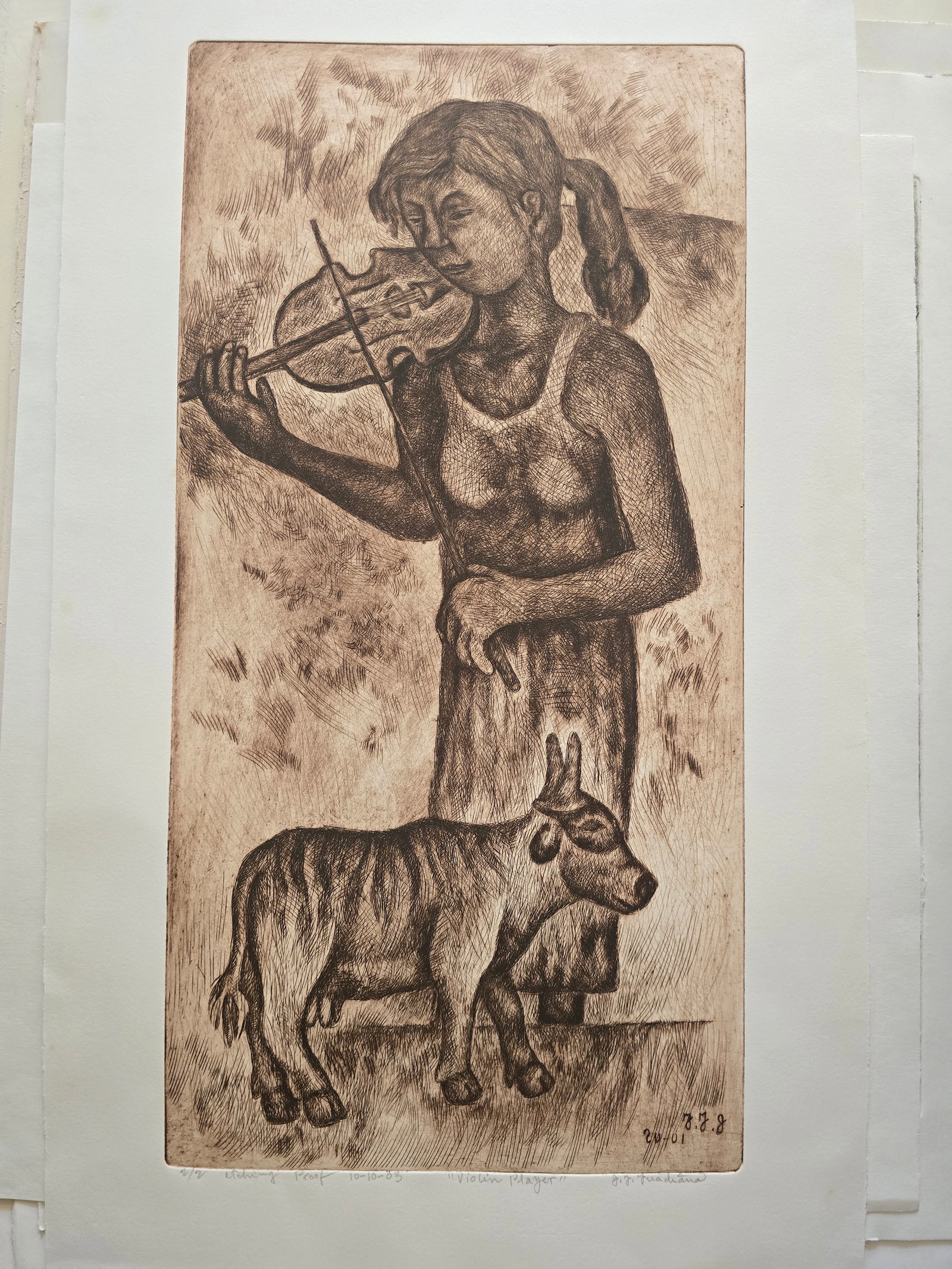 Violin Player – Etching, 2003: An original etching by the renowned Texas artist José Guadiana, dated October 10, 2003.This graceful composition depicts a young woman with pigtails standing and playing the violin, her expression on