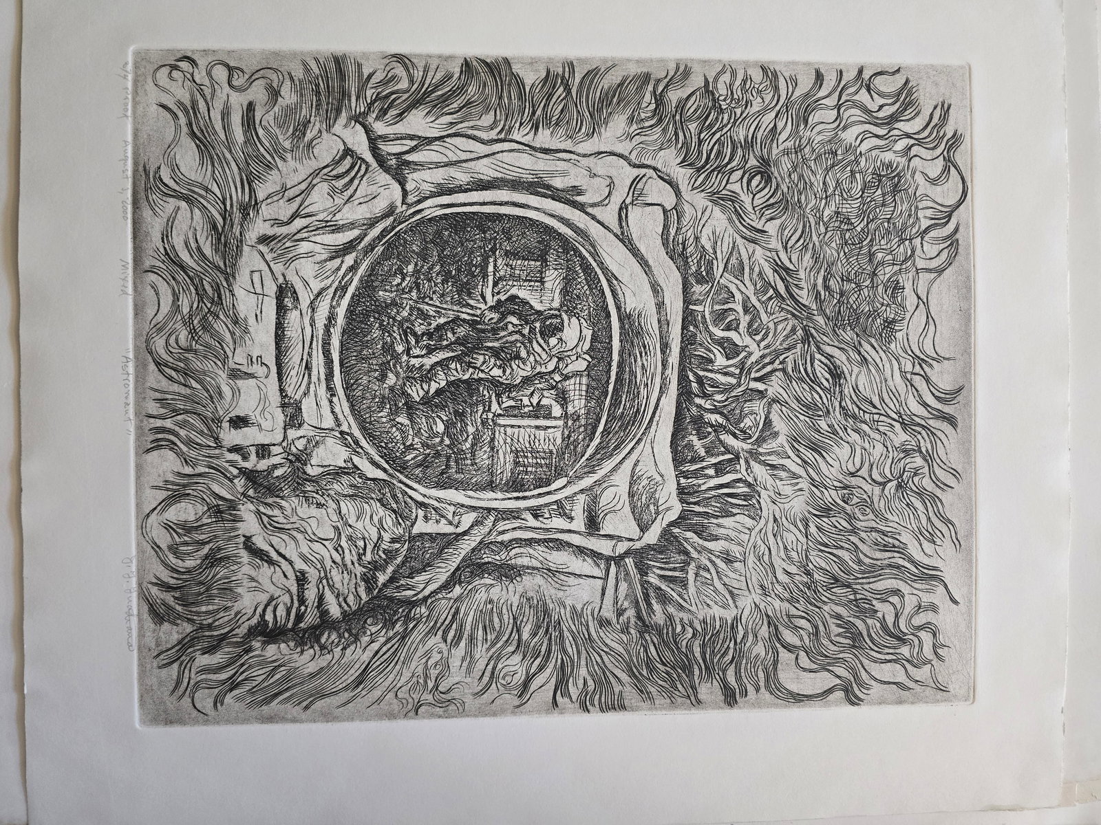 Astronaut 3 – Mixed Etching, 2000: An original mixed etching by the renowned Texas artist José Guadiana, dated August 1, 2000.This powerful surreal composition centers on an astronaut in full gear, standing within a circular portal