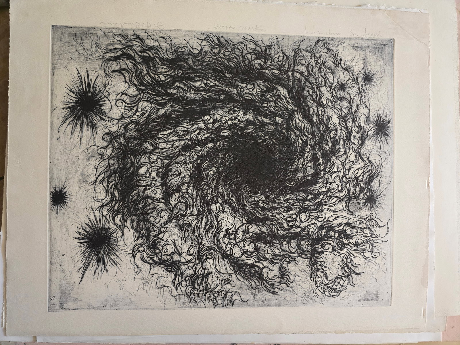 Spiral Vortex – Mixed Etching: An original mixed etching by the renowned Texas artist José Guadiana.This powerful abstract composition swirls with vibrant energy, featuring a magnificent central vortex of flowing, hair-like lines