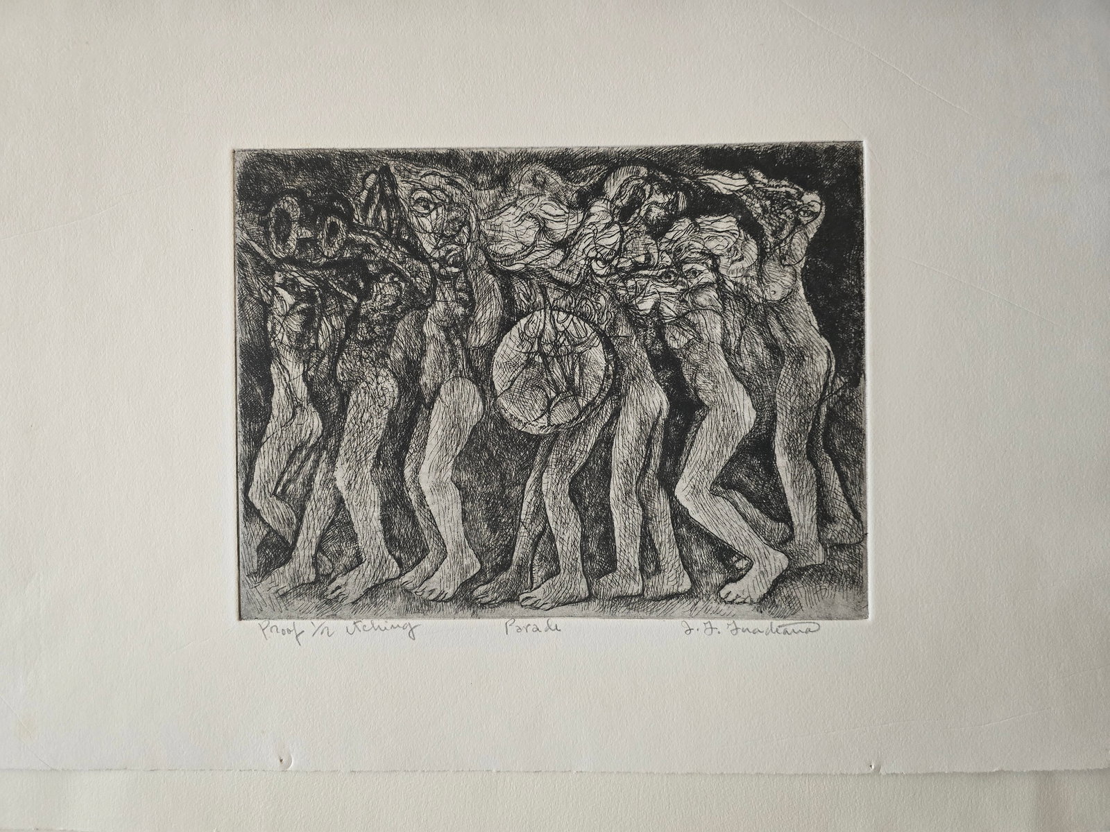 Parade – Etching: An original etching by the renowned Texas artist José Guadiana.This energetic composition depicts a procession of intertwined, expressive human figures moving together as one rhythmic mass. The