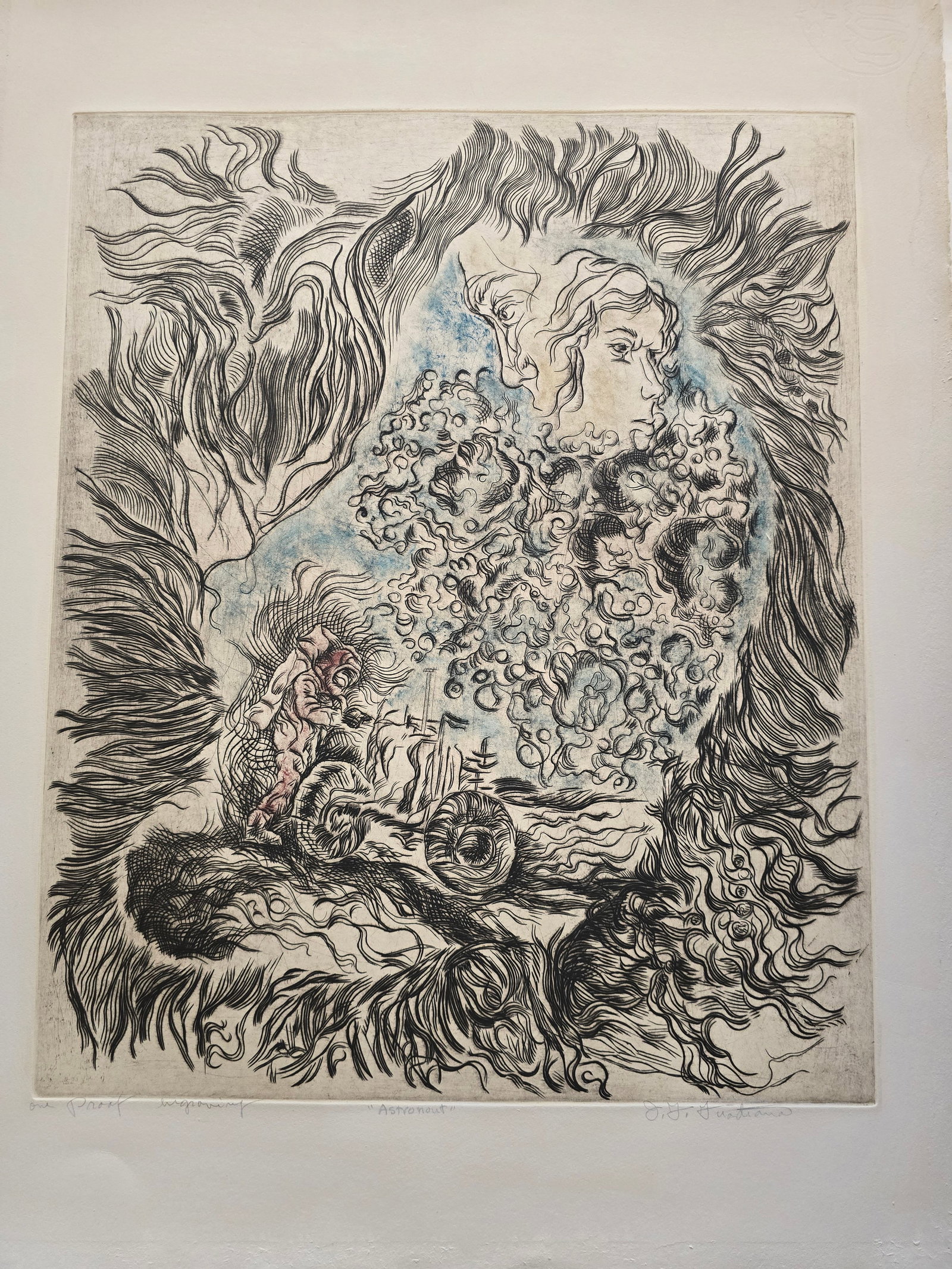 Astronaut 6– Mixed Etching: An original mixed etching by the renowned Texas artist José Guadiana.This powerful surreal composition centers on an astronaut in full gear, standing within a circular portal or helmet view,