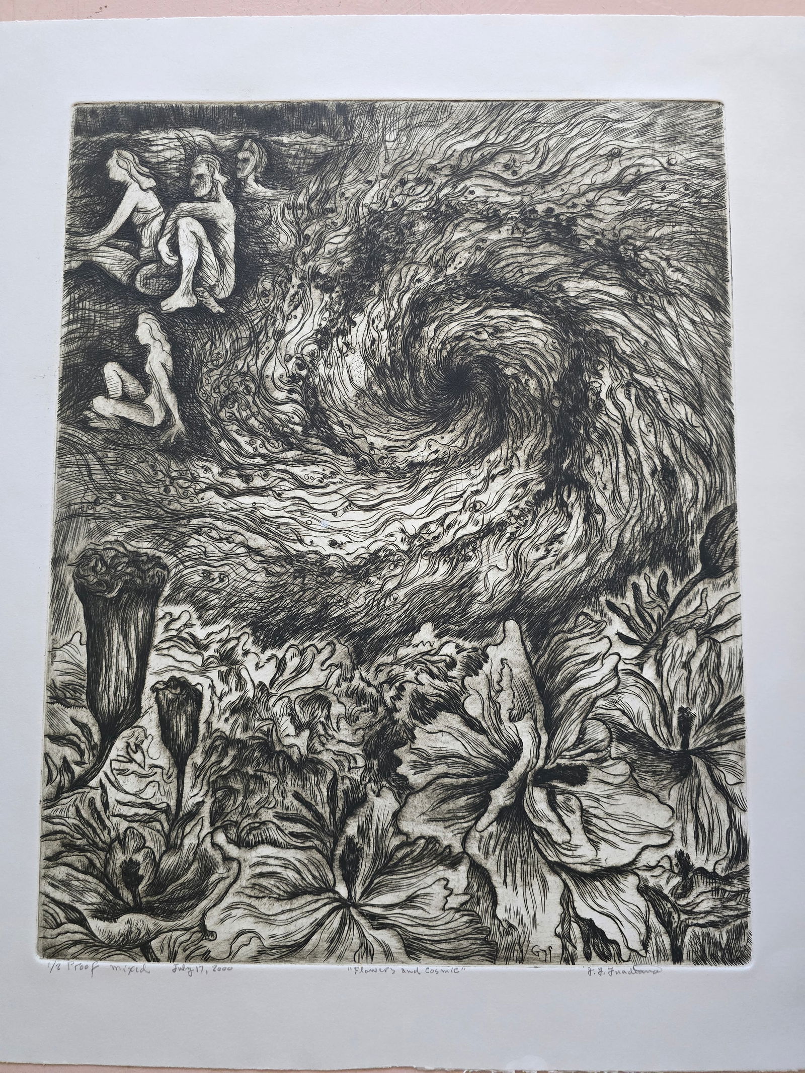 Flowers and Cosmic – Mixed Etching, 2000: An original mixed etching by the renowned Texas artist José Guadiana, dated July 17, 2000.This dynamic and dreamlike composition features a powerful swirling vortex at the center, surrounded by large