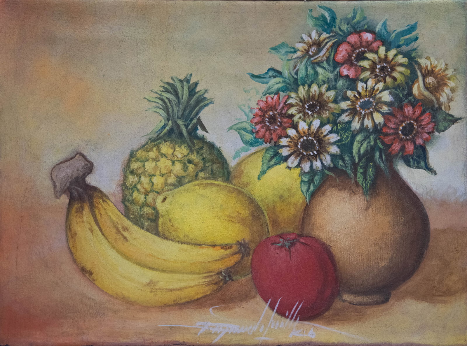 Original Haitian Painting by Raymond Lafaille Assorted Fruits and Vase with Flowers (1 of 1)