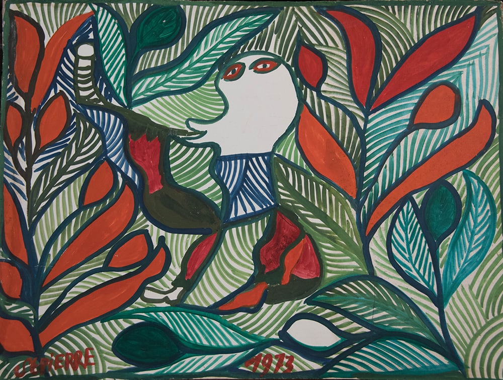 White Creature With Red Plants - Haitian Painting by St. Pierre Toussaint: White Creature With Red Plants - Haitian Painting by St. Pierre Toussaint Not Framed, Oil on Masonite