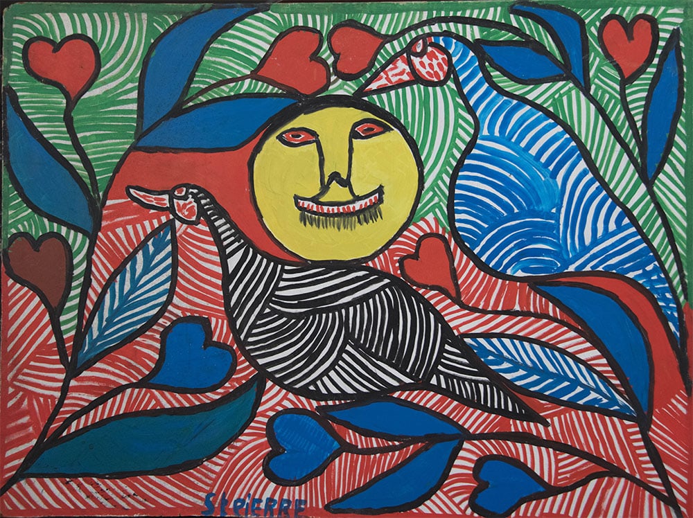Yellow Face with Black and Blue Bird - Haitian Painting by St. Pierre Toussaint: Yellow Face with Black and Blue Bird - Haitian Painting by St. Pierre Toussaint Not Framed, Oil on Masonite GMS FAVORITE