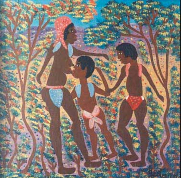 Mom and Kids under Trees - Haitian Painting by Gerard Fortune (1 of 1)