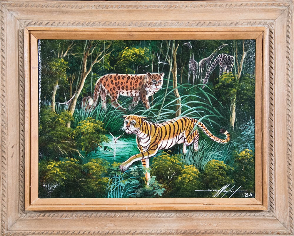 Tiger and Leopard at the Stream Original Haitian Painting by Michel Simeon (1 of 1)