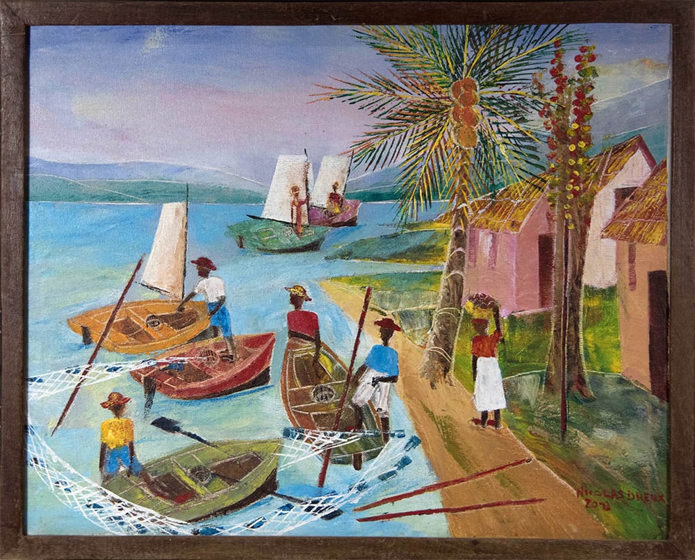 Boats Dragging A Net Original Haitian Painting by Nicolas Dreux: Boats Dragging A Net Original Haitian Painting by Nicolas Dreux Oil on Canvas Framed