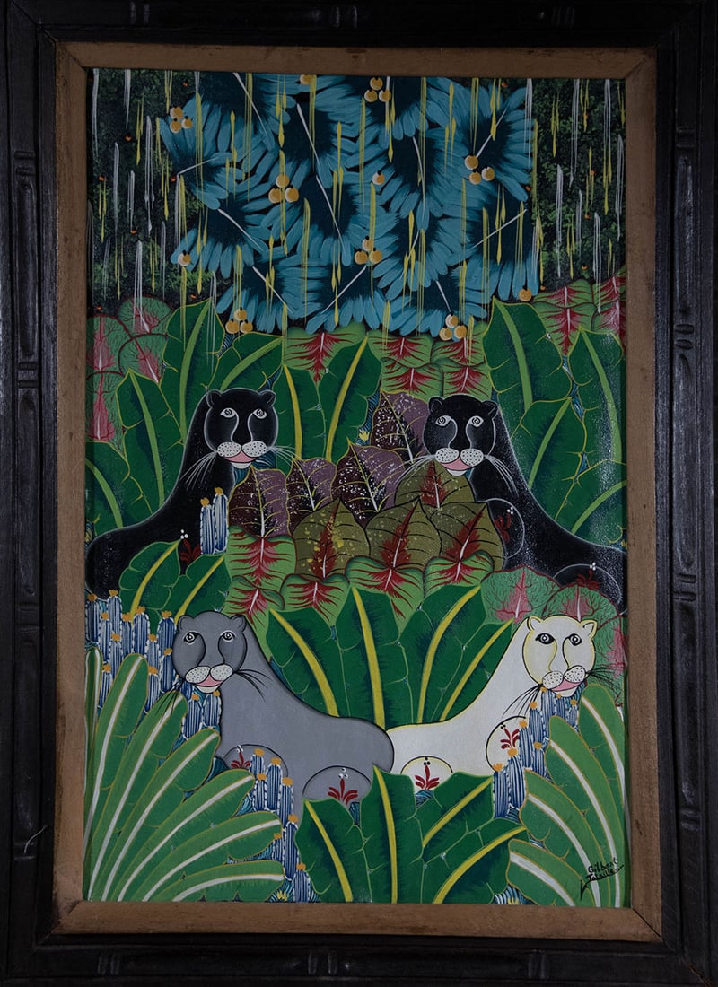 Grey, White and Black Cats in the Jungle Original Haitian Painting by Gilbert Tataille (1 of 1)