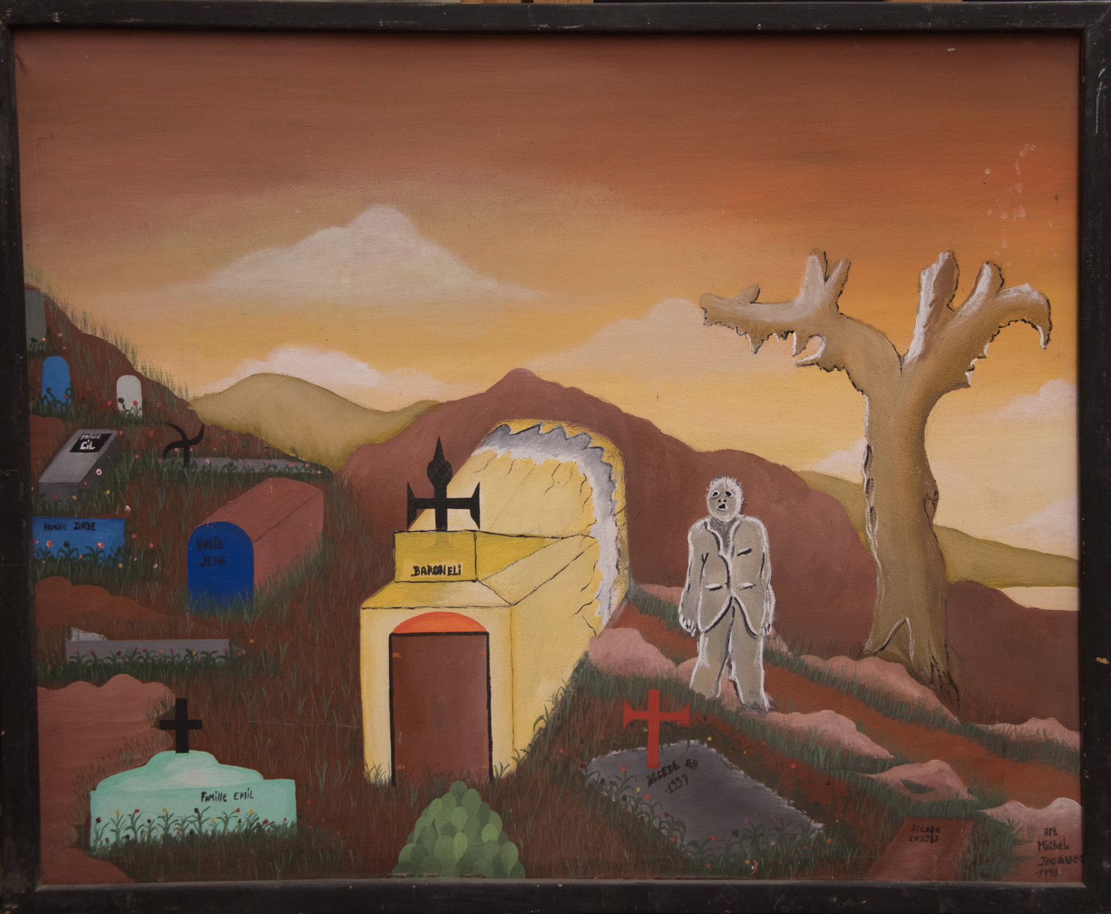 Man in Cemetary Original Haitian Painting by Jacques Michel: Man in Cemetary Original Haitian Painting by Jacques Michel Oil on Canvas FRAMED