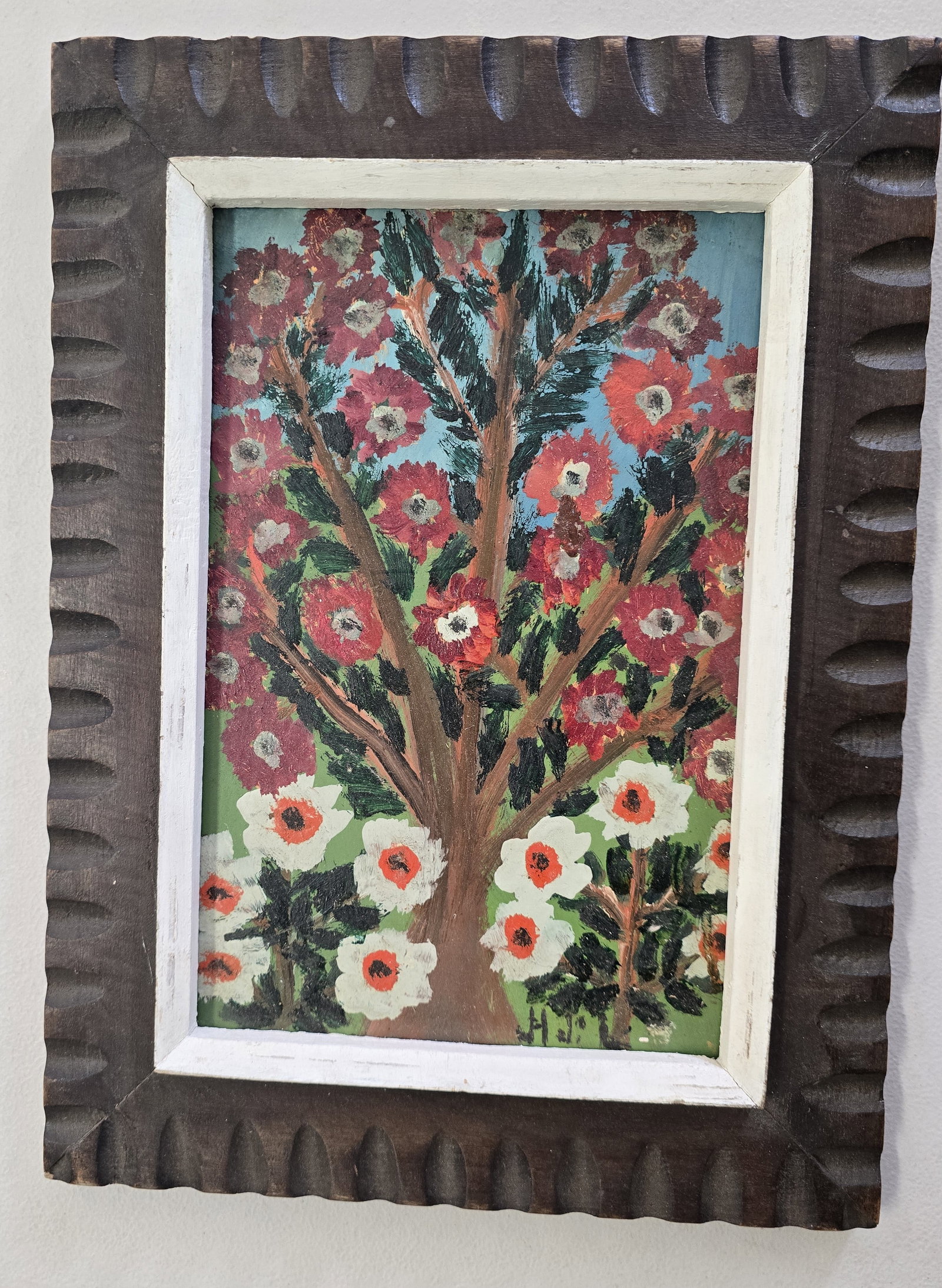 Colorful Flowering Tree – Haitian Naive Folk Art Painting, Signed H.J., Mid-20th Century (1 of 2)