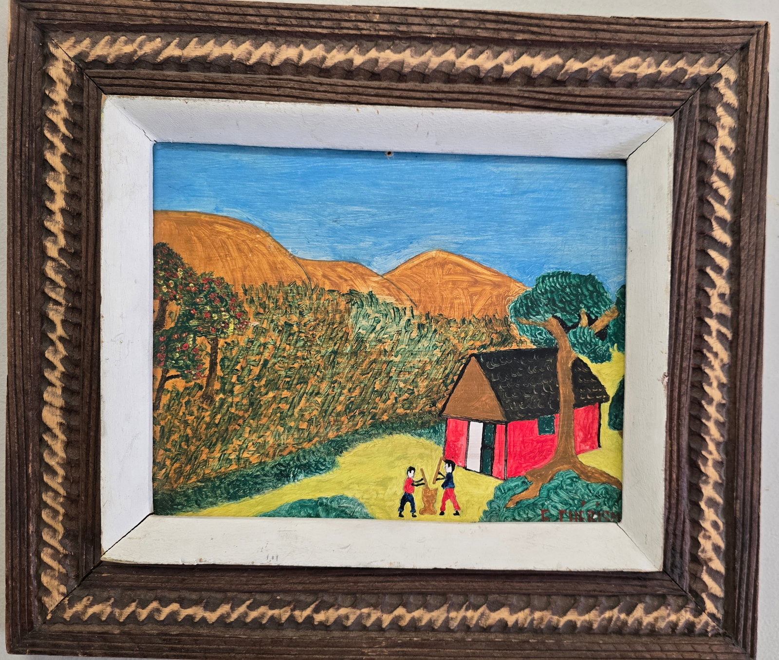Rural Scene with Red House, Bricston Collection: Rural Scene with Red HouseA naïve folk painting portraying a peaceful countryside landscape. Two figures are shown near a vivid red house with a dark roof, set against golden hills, lush vegetation, 
