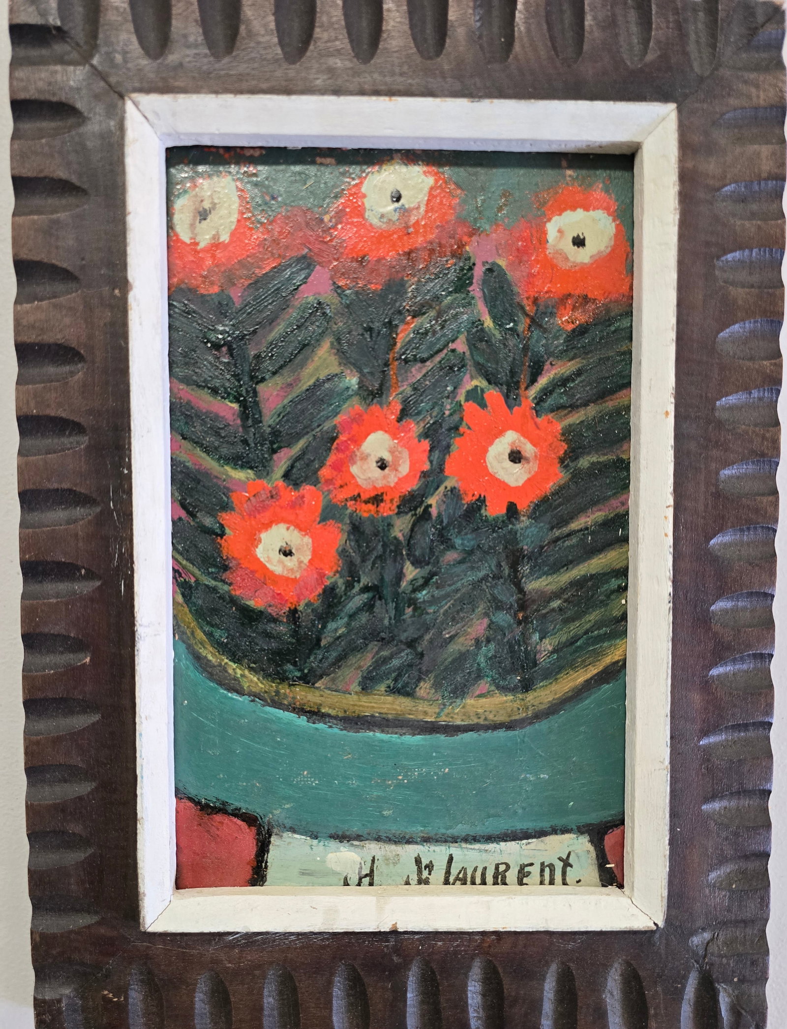 H.P. Laurent – Red Flowers in Green Bowl, 16 x 12 in., Bricston Collection: Vibrant naïve still life depicting a green bowl brimming with bright red and orange flowers and lush green leaves. Executed with bold, simplified forms, energetic brushstrokes, and a cheerful, satura