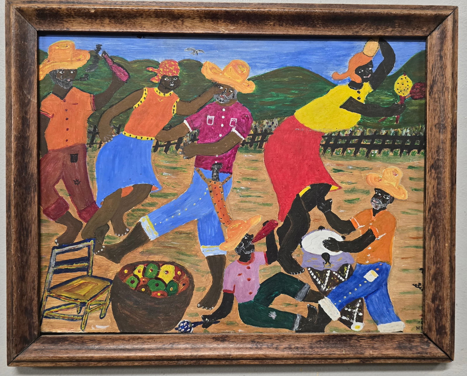 R. Chézy – Dancing Figures and Drummer in Rural: A lively and energetic folk-art painting capturing a joyful celebration in a rural setting. Five figures with dark skin and expressive faces dance and play music under a bright blue sky. A woman in a 
