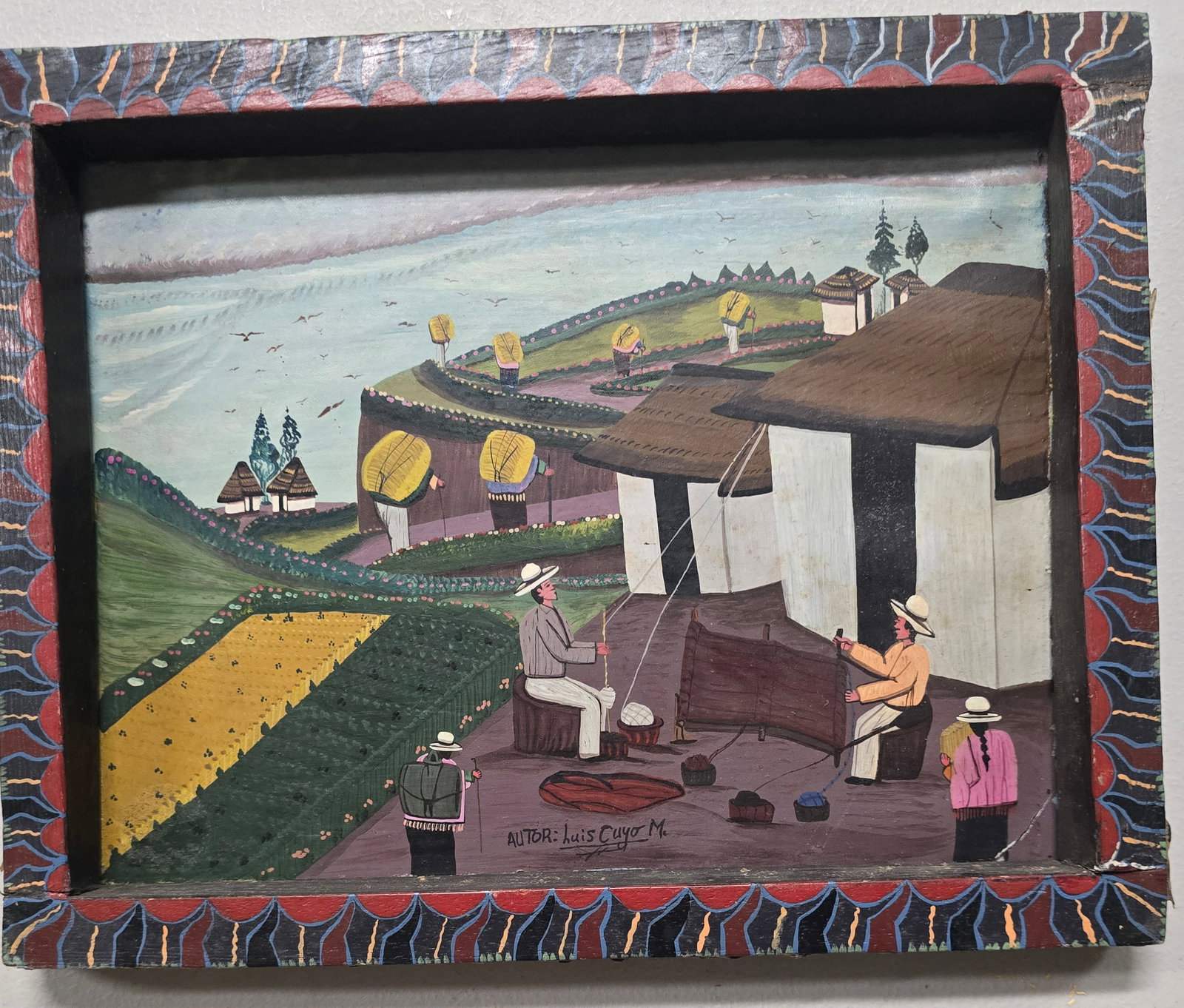 Luis Cuyo M. – Andean Village Life with Fishermen and Terraces, 12 x 14 in., Bricston Collection: colorful naïve painting portraying an Andean rural scene. Men fish and mend nets in the foreground while figures carry large yellow bundles along terraced hillsides. Traditional houses, agricultural 