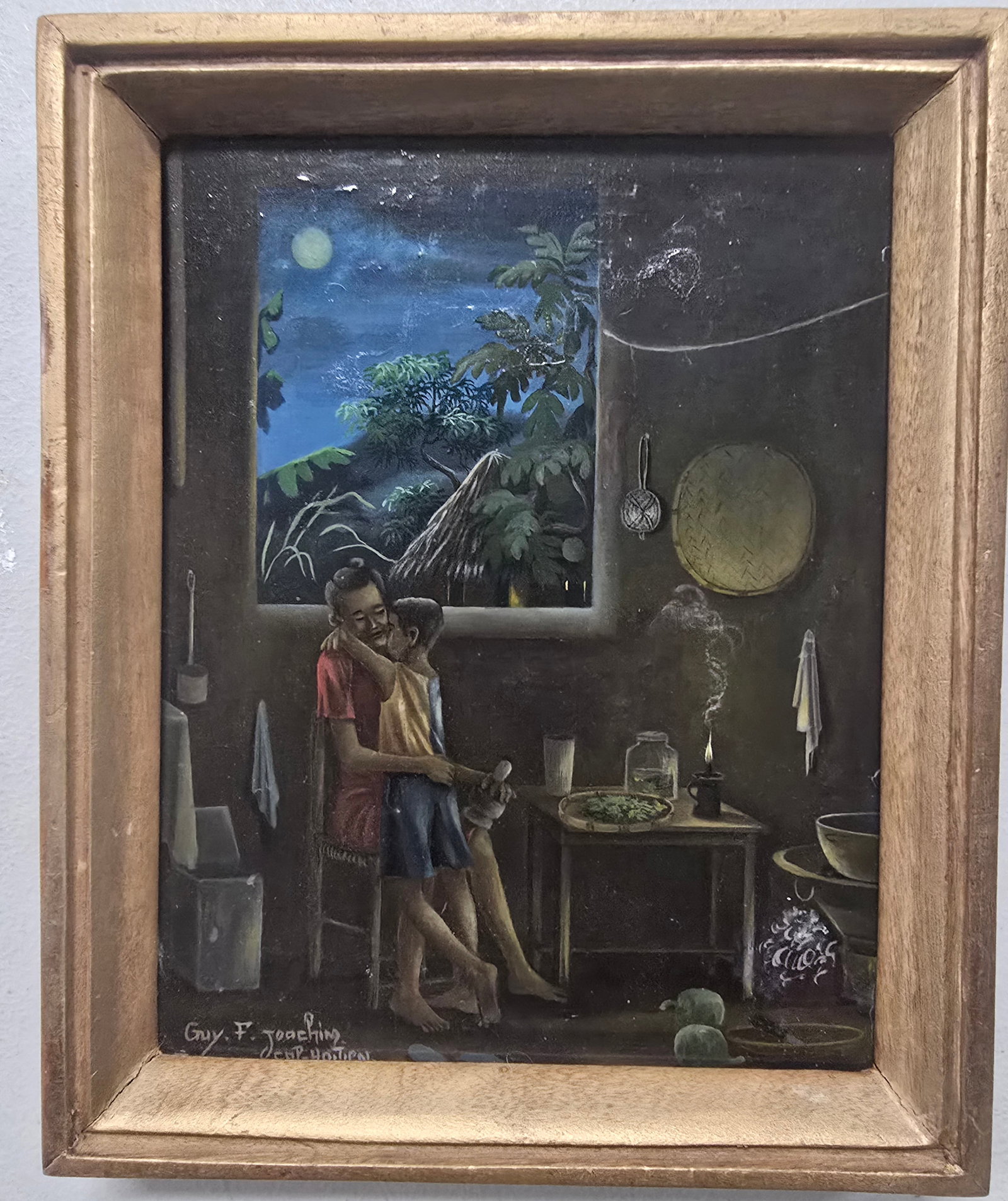 Guy F. Joachim – Father and Son by Lamplight, Cap-Haïtien, 9 x 11 in., Bricston Collection: Touching Haitian naïve scene showing a father embracing his young son inside a modest home at night. A single oil lamp casts a warm glow on the simple interior while a full moon shines through the wi