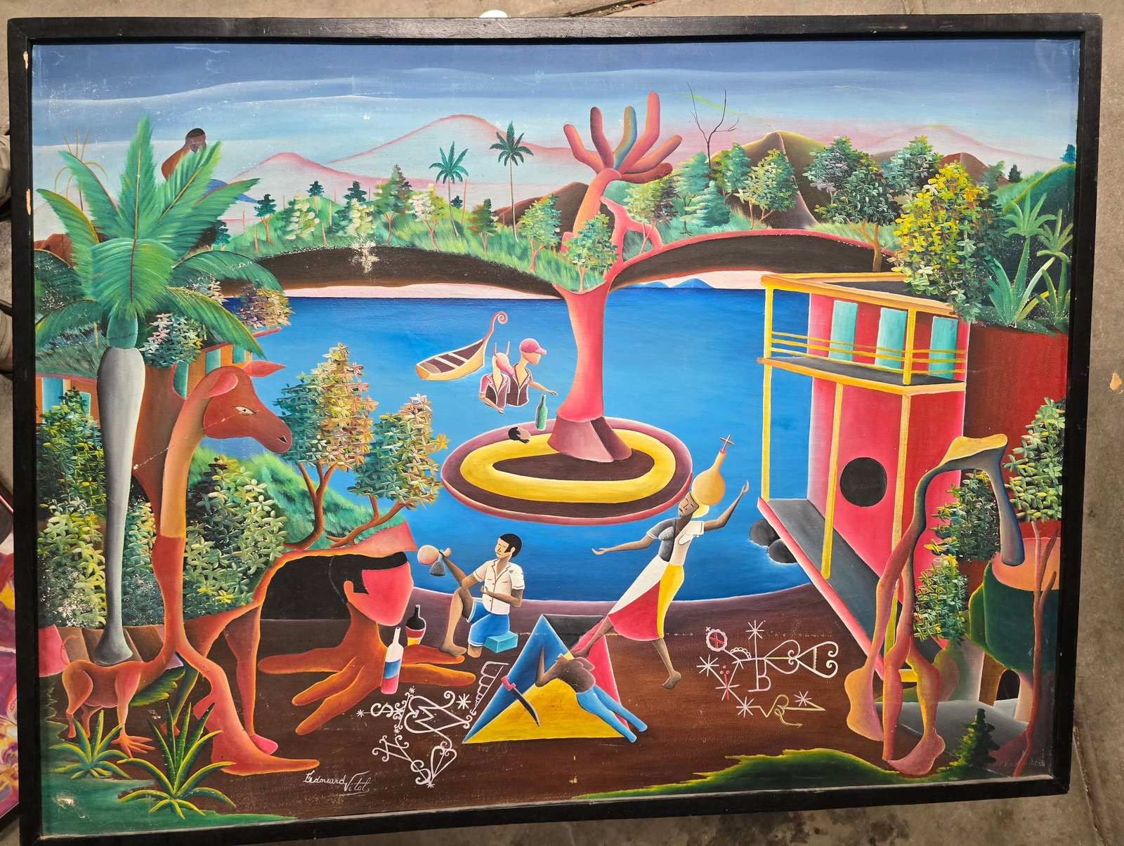 Edouard Wolf – Surreal Haitian Landscape with Ritual Figures and River, Bricston Collection (1 of 1)