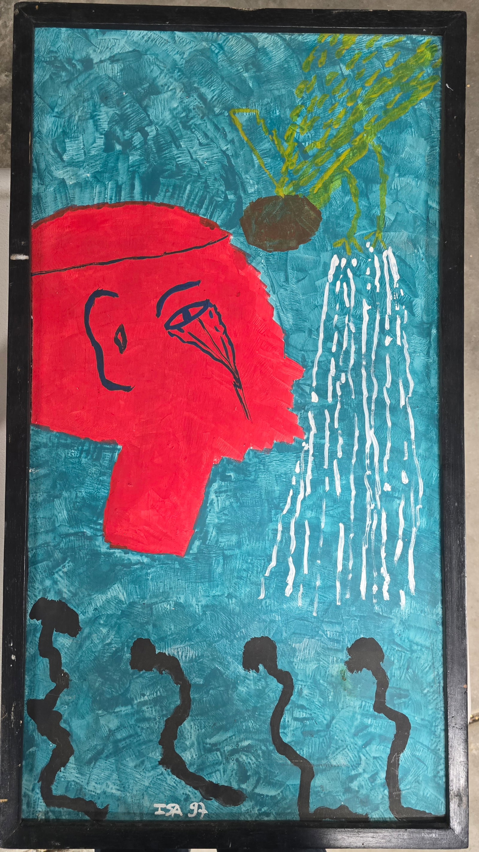 Red Figure with Waterfall and Figures, Bricston Collection: A bold and symbolic Haitian naïve painting featuring a large red stylized head with simplified facial features and a headdress-like shape dominating the left side. To the right, a cascading white wat