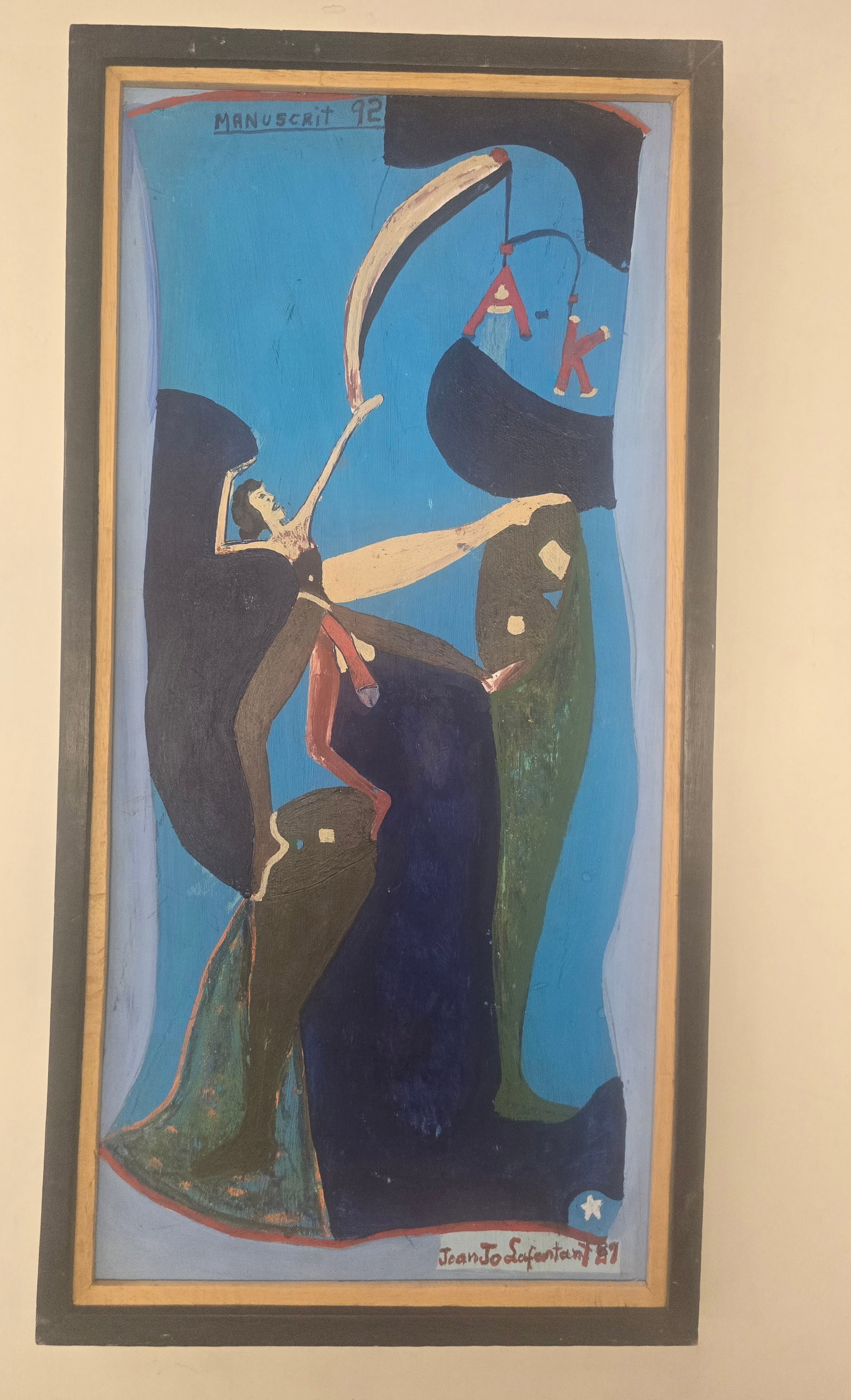 Prince Jean Jo (Jean-Joseph Lafontant, Haitian, 1948-1996) "Manuscrit 92": Signed lower right: Jean Jo Lafontant '89Oil/acrylic on canvas, 1989This dynamic and theatrical painting by Prince Jean Jo features a highly stylized, elongated figure in a dramatic dance or ritual po