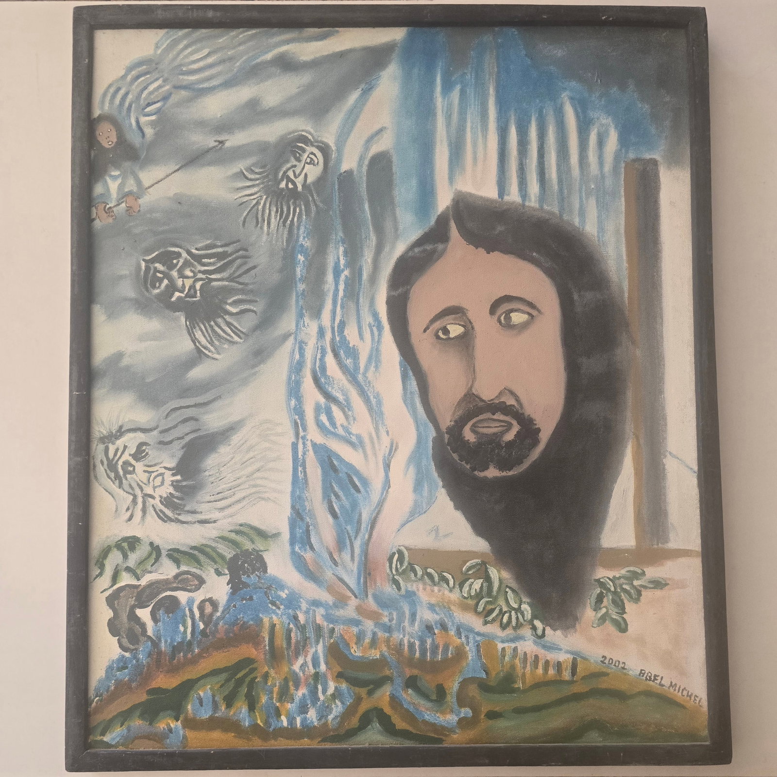 Abel Michel (Haitian, 20th/21st Century), Visionary Portrait (Jesus / Spiritual Figure), 2002, Oil: This expressive and mystical Haitian painting features a large, intense portrait of a bearded man (evoking Christ or a prophetic figure) gazing upward, set against a dramatic blue cascading waterfall 