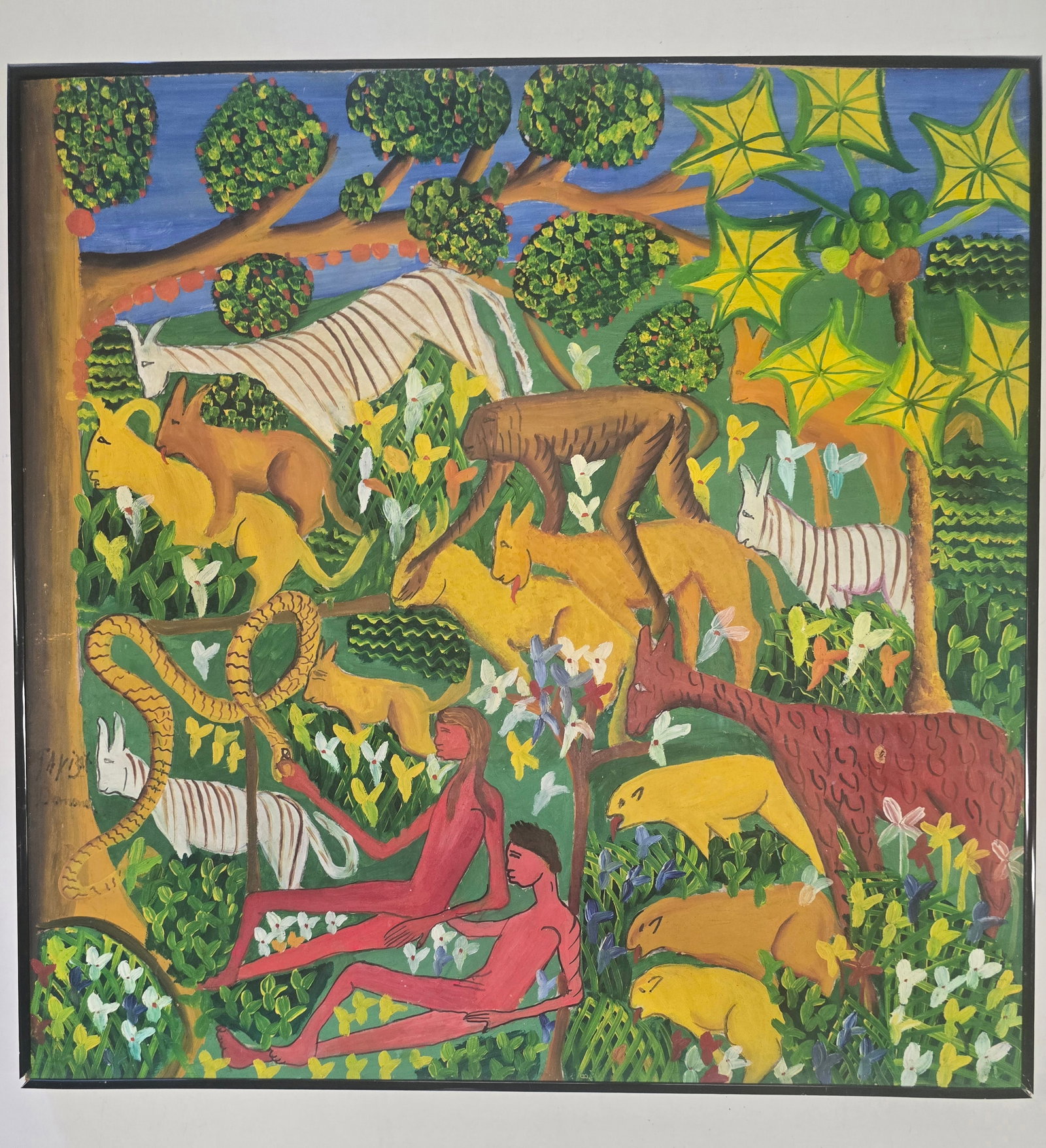 Sovigne Demond (Haitian, 20th Century), Jungle Eden / Animal Paradise, Oil on Canvas: This exuberant and densely populated Haitian naive painting presents a vibrant vision of a tropical paradise. A couple with red skin (evoking Adam and Eve) sits peacefully amid a lush jungle teeming w
