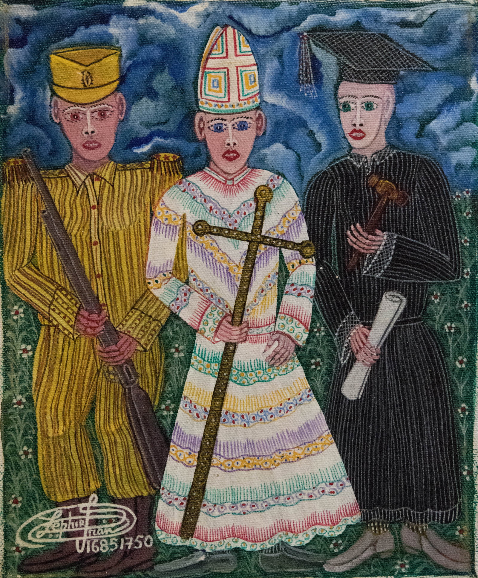 Priest Scholar Soldier - Haitian Painting by Frantz Zephirin: Priest Scholar Soldier - Haitian Painting by Frantz Zephirin No Frame, Not Stretched, Acrylic on Canvas