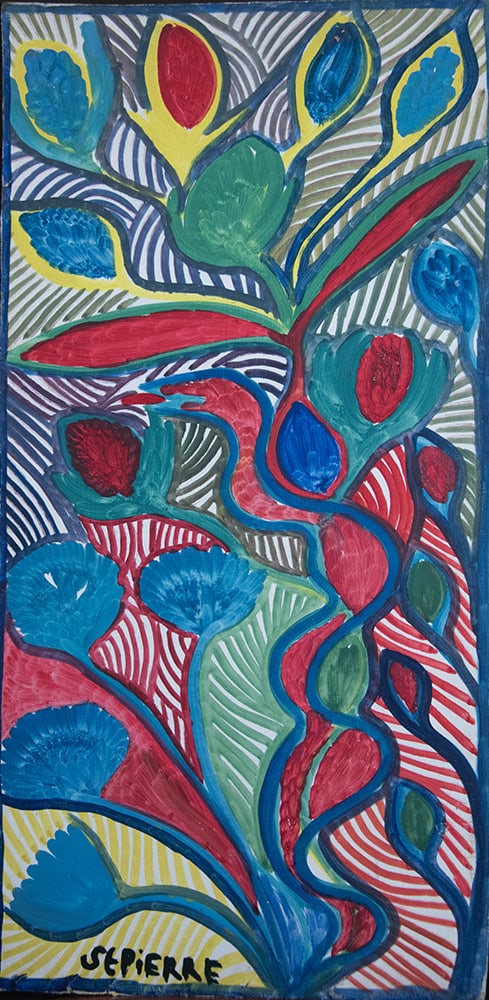 Blue and Green Flowers Original Haitian Painting by St.Pierre Toussaint: Blue and Green Flowers Original Haitian Painting by St.Pierre Toussaint Oil on Masonite