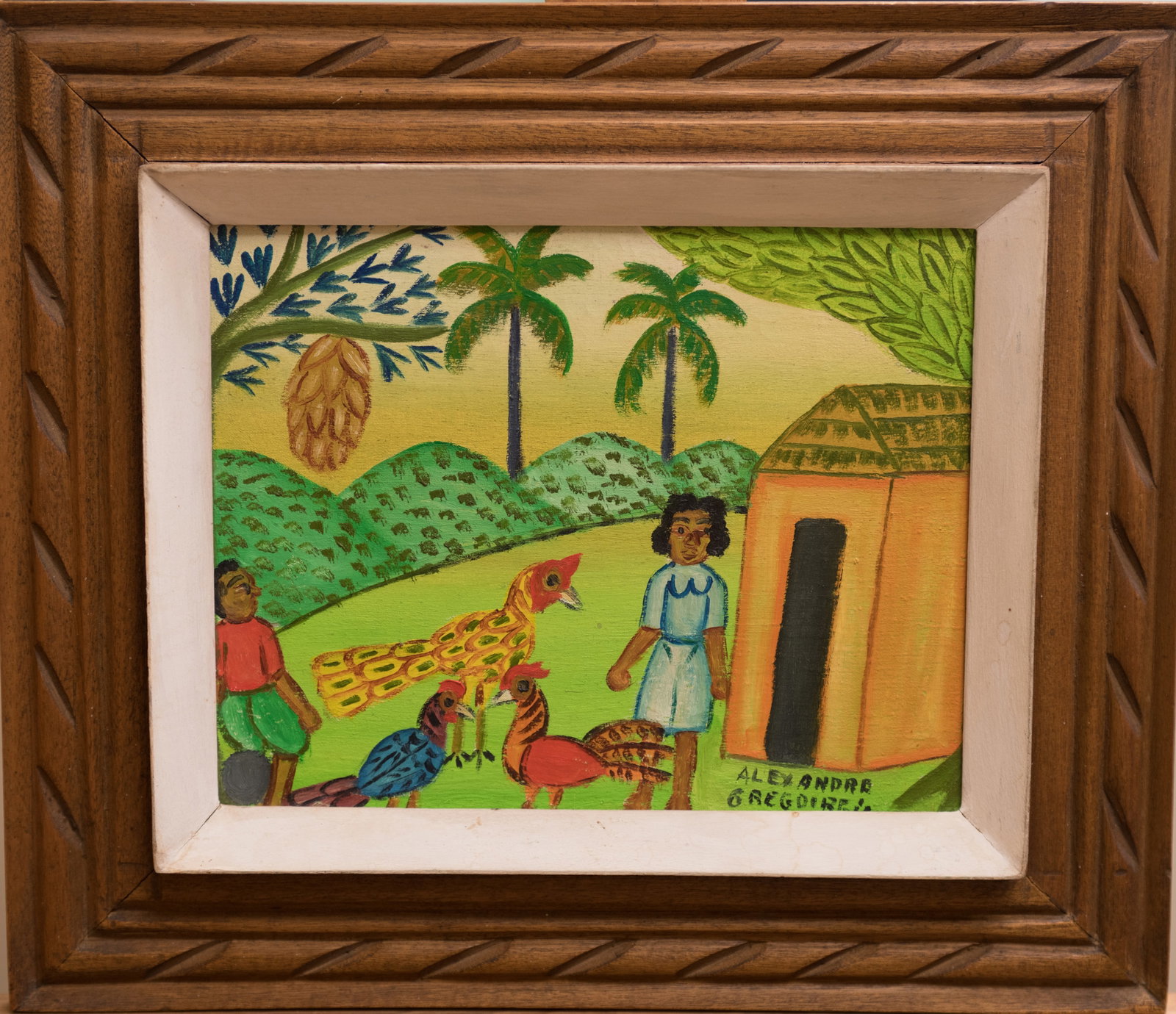 Woman House Birds - Haitian Painting by Alexandre Gregoire: Woman House Birds - Haitian Painting by Alexandre Gregoire Framed, Oil on Canvas FRAMED GMS FAVORITE