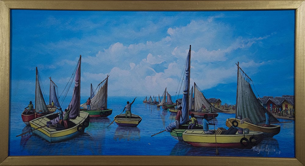 Sailboats on the Water Original Haitian Painting by Ridtzehr Lafaille: Sailboats on the Water Original Haitian Painting by Ridtzehr Lafaille Oil on Canvas Framed